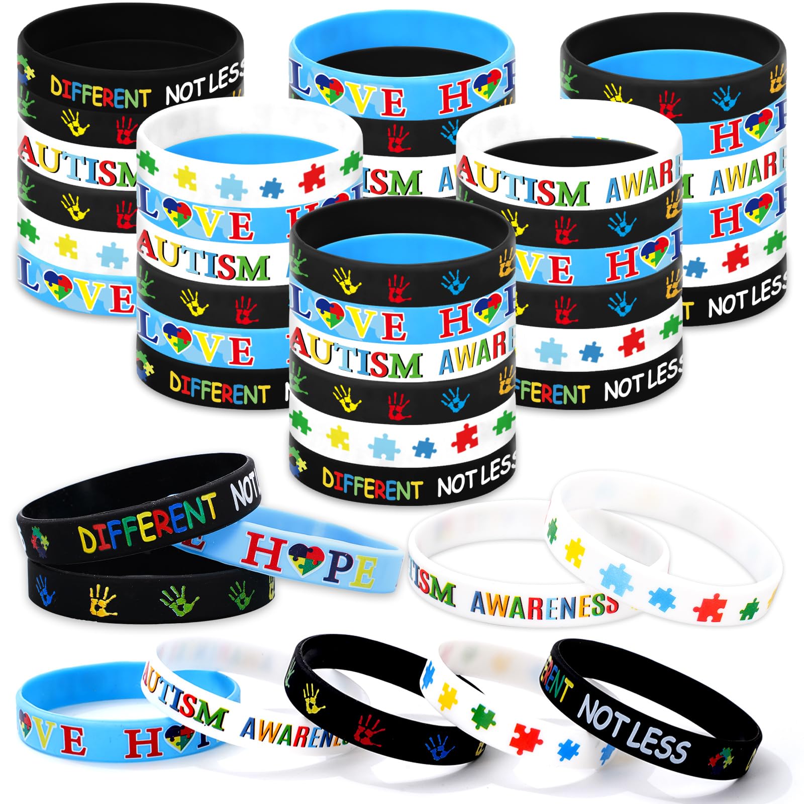 Whaline 50Pcs Autism Awareness Bracelets Colorful Inspirational Silicone Wristband 5 Styles Motivational Stretchy Bracelets for Autistic Pride Day Gifts Activities Supplies, Silicone