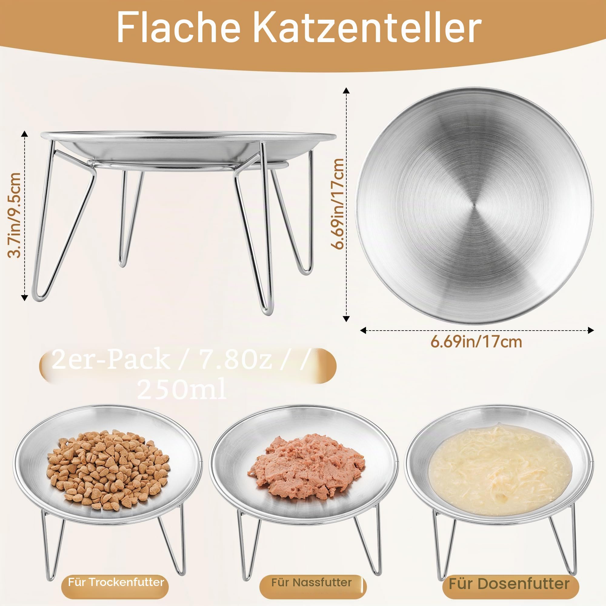 Erhöhter Edelstahl-Katzennapf, Angenehm für die Schnurrhaare | Flaches Design, ideal für Trocken- und Nassfutter, spülmaschinenfest, leicht zu reinigen
