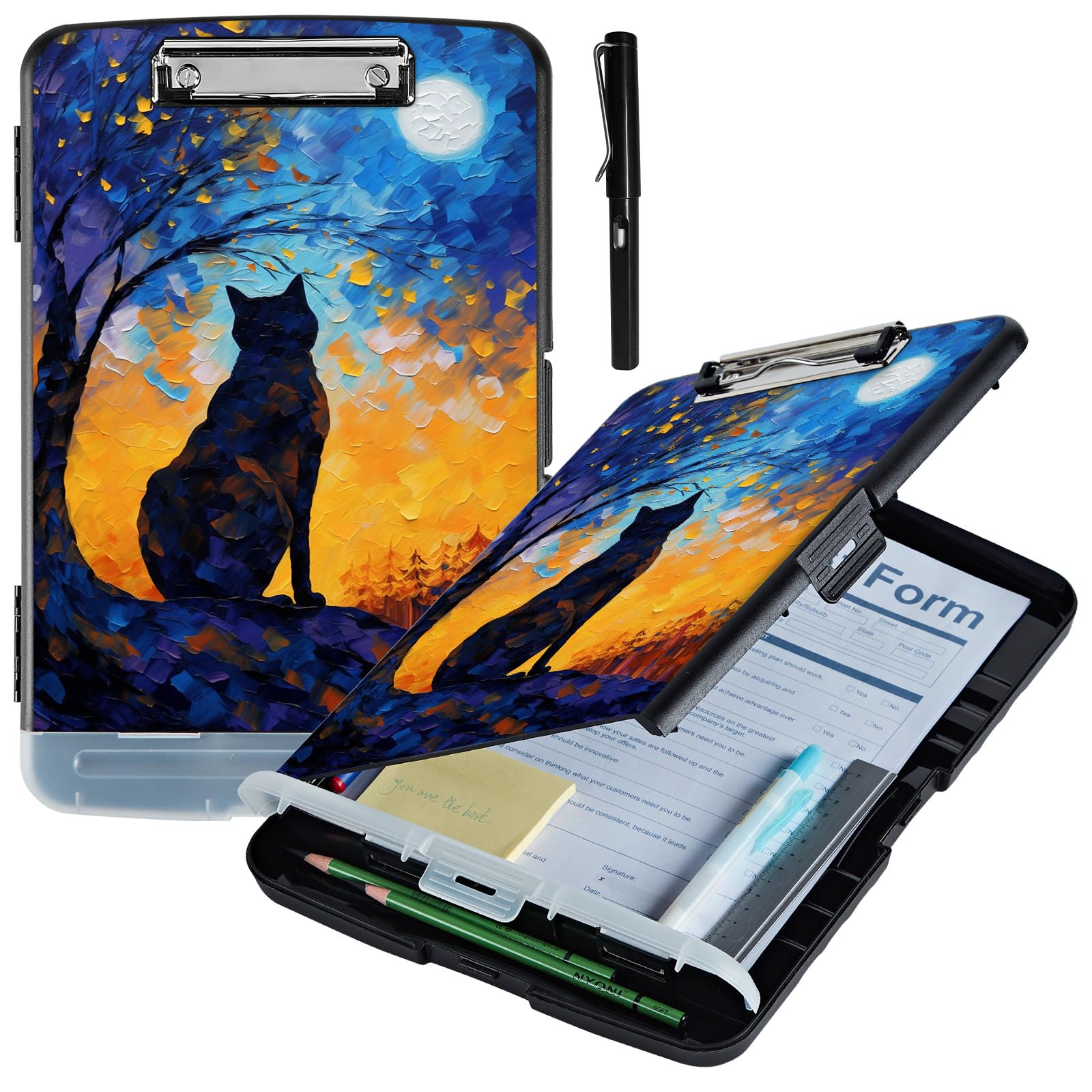 Metal Clipboard with Storage,High Capacity Nursing Clipboards with Pen Holder,Heavy Duty Storage Clipboard Folder Folio,Side-Opening,for School & Office Supplies,with A Pencil,Oil Painting Cat