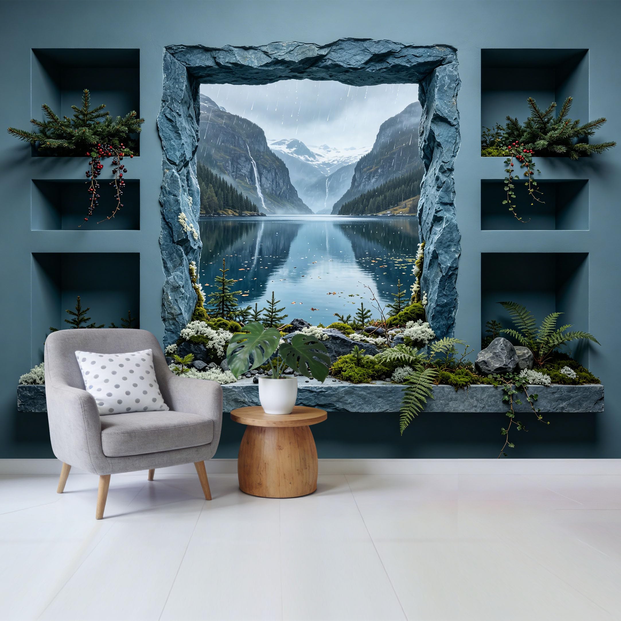Custom Size Wall Mural Mountain Lake Landscape 3D Trompe L'Oeil Window View Removable Self Adhesive Fabric Home Wall Decor for Living Room Bedroom Bathroom