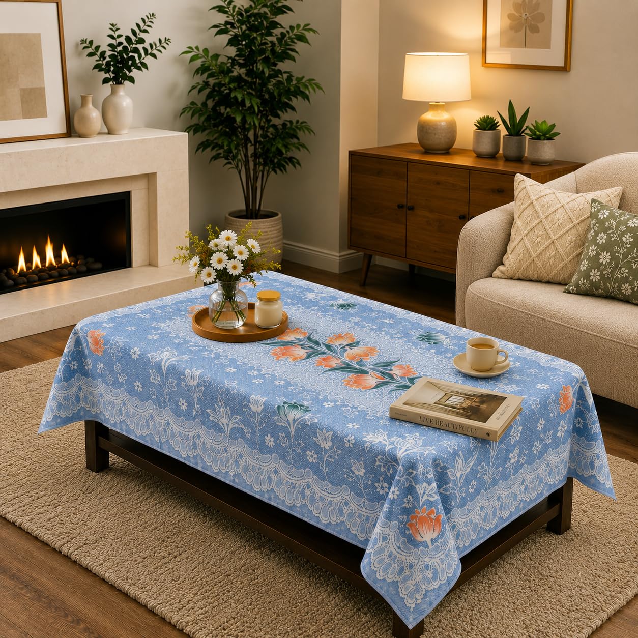 STITCHNEST Florenza Blue Cotton Net Table Cover 40x60 Inches