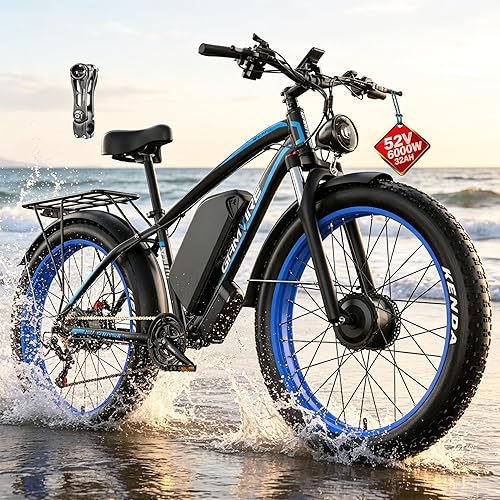 E Bike for Adults, Peak 6000W Dual Motor Electric Bike, 52V 32AH Battery 45 M P H Up to 100 Miles EBike, Front Suspension 7-Speed 24" Fat Tire Electric Commuter Bike, UL2849 Certified By SGS