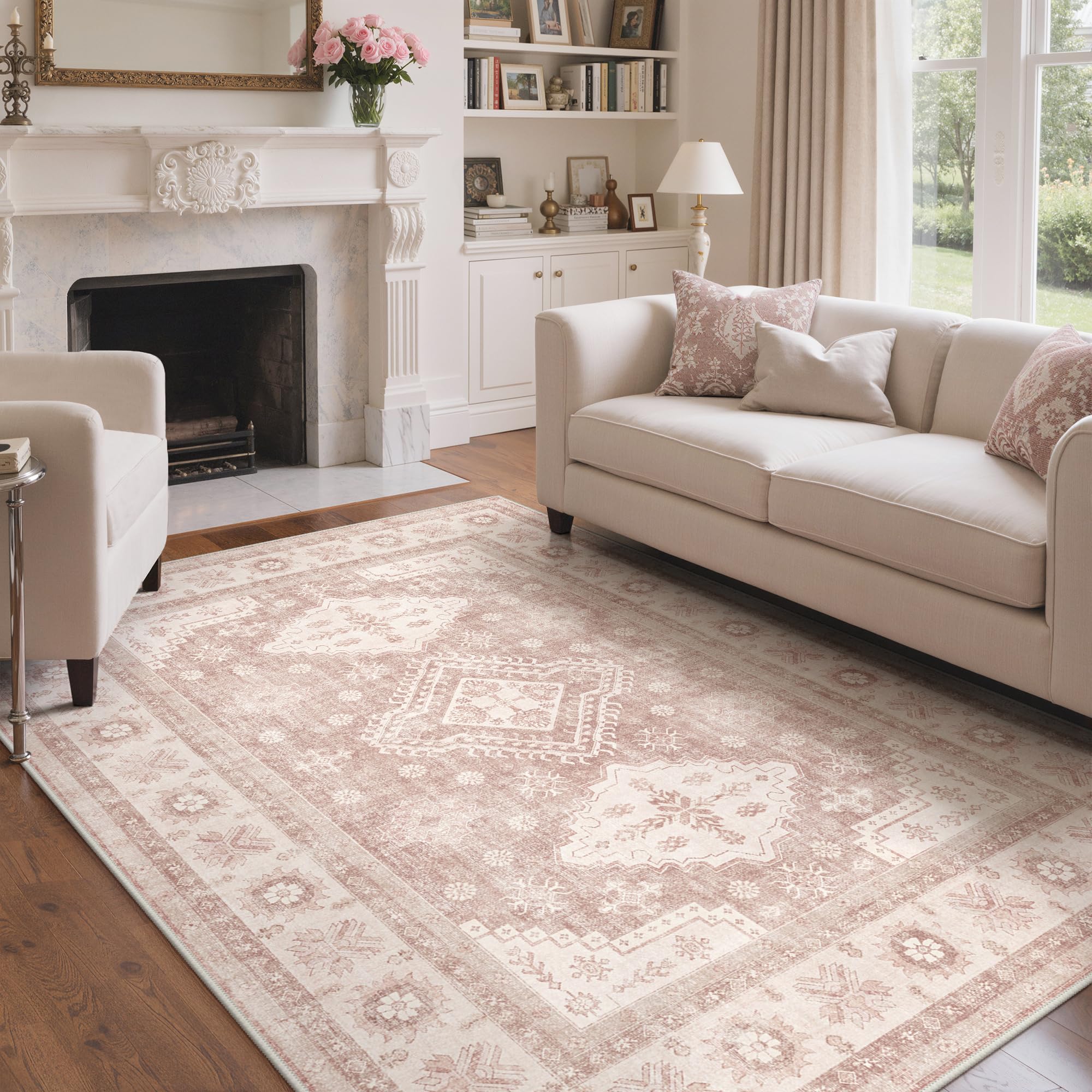 GENIMO Rugs Living Room 200x290cm,Extra Large Washable Pink Rug with Non-Slip Backing,Boho Short Pile Soft Carpet for Home Office & Dining Room