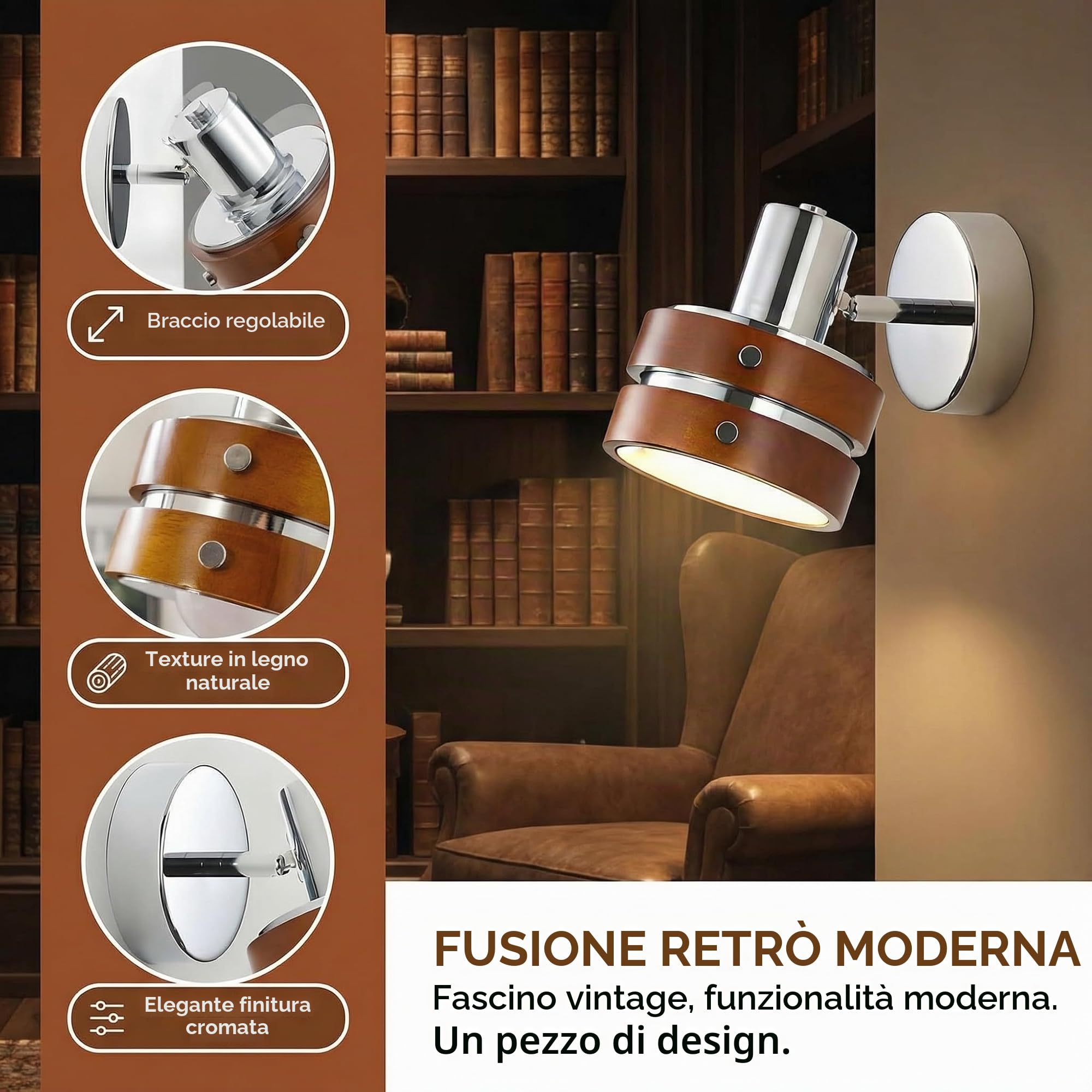Lampada da Parete Vintage Design - Legno Naturale & Acciaio Cromato, Applique da Interno E27 Angolo Regolabile per CaCamera da Letto, Soggiorno e Home Studio (2 Paquets)
