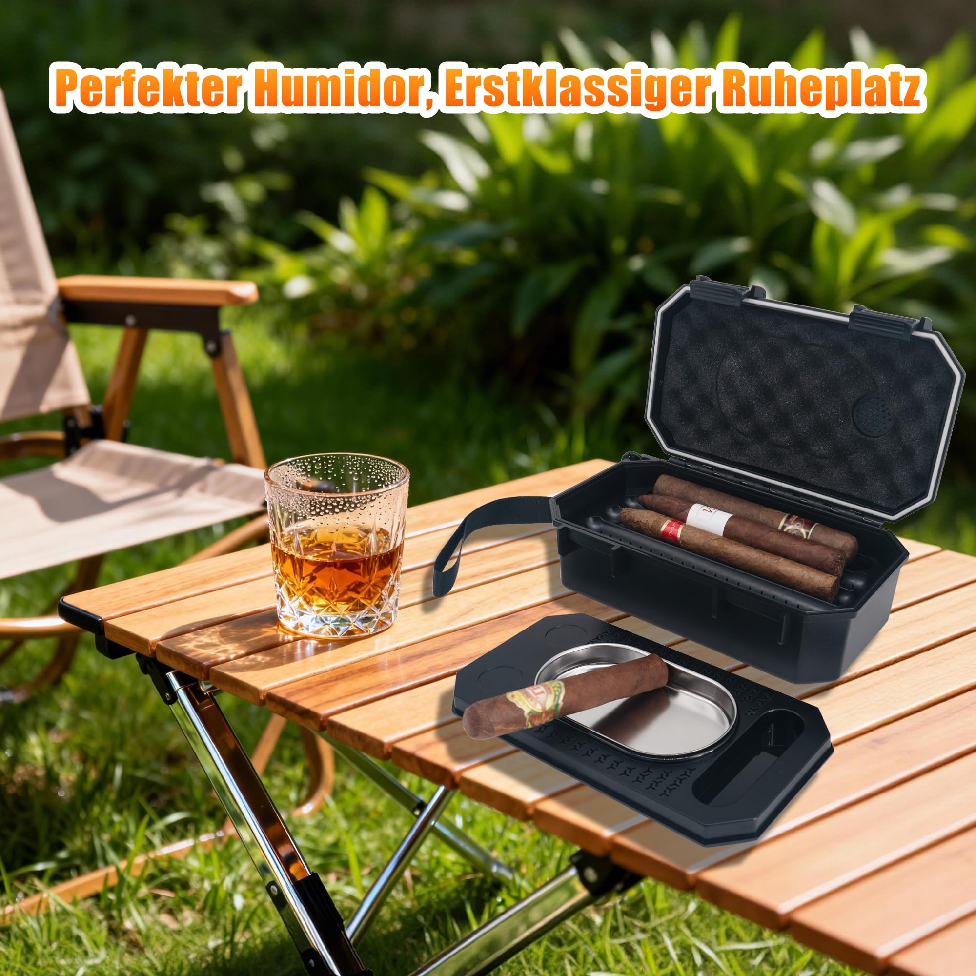 Zigarren Humidor mit Befeuchter & Hygrometer, 3-lagiger Reisehumidor für 10 Zigarren, Zigarrenetui mit integriertem Zigarrenaschenbecher, Zigarren Zubehör Set & Geschenkset für Männer