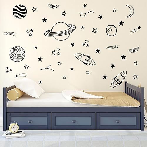 Miniatura 9 de ZzMY Calcomanías de pared espaciales, estrellas, planetas, estrellas fugaces, cohetes, decoración de guardería, arte de pared de vinilo para