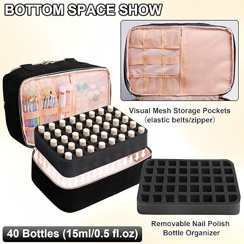 Miniatura 4 de Organizador de esmalte de uñas de piel sintética con capacidad para más de 30 botellas (0.5 onzas líquidas) y lámpara de uñas, bolsa de transporte
