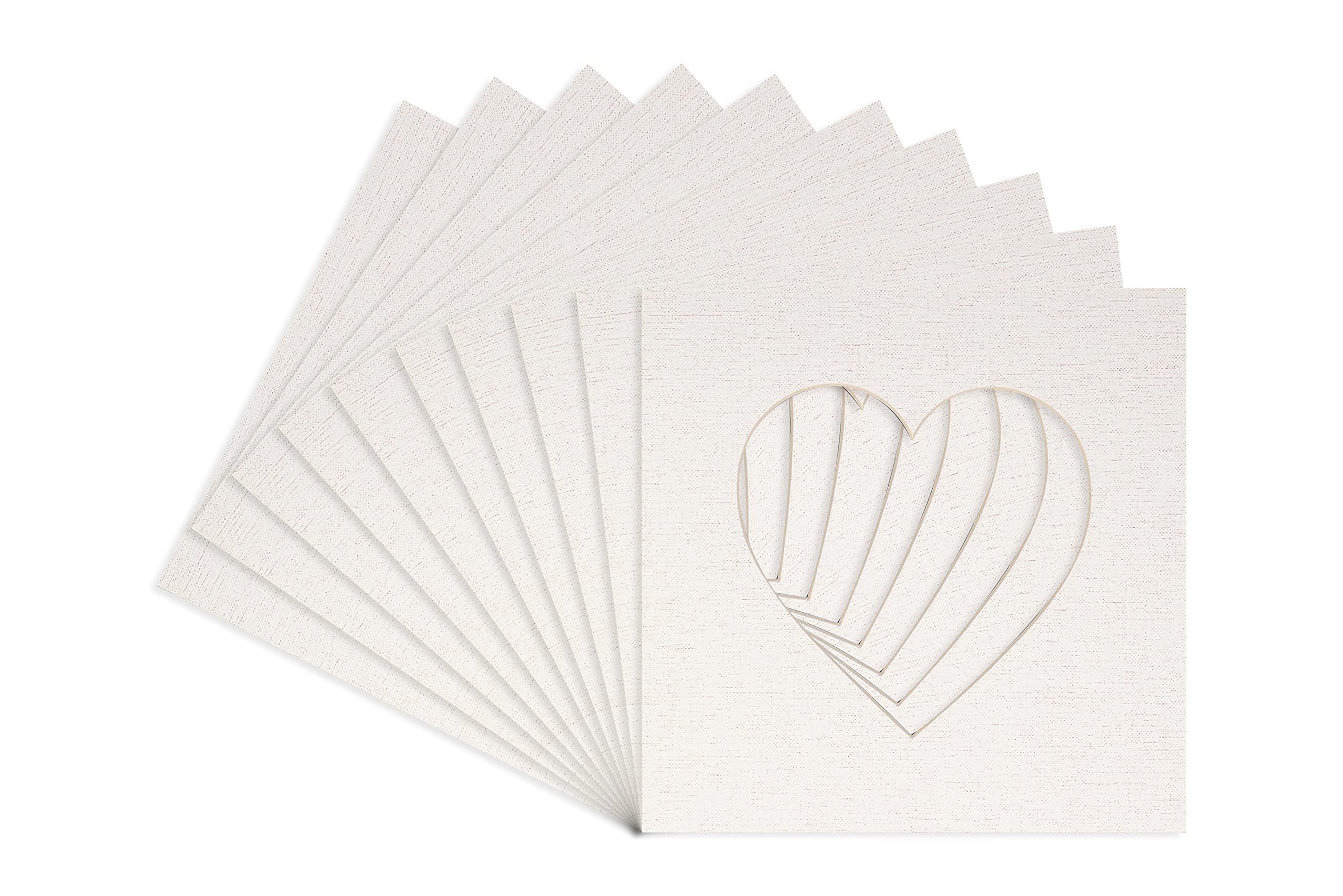 White Linen Canvas Acid Free 8x8 Heart Picture Frame Mat with White Core Bevel Cut for 4x4 Pictures - Fits 8x8 Frame - Pack of 10 Matboard Show Kits With Acid Free Backings & Clear Bags