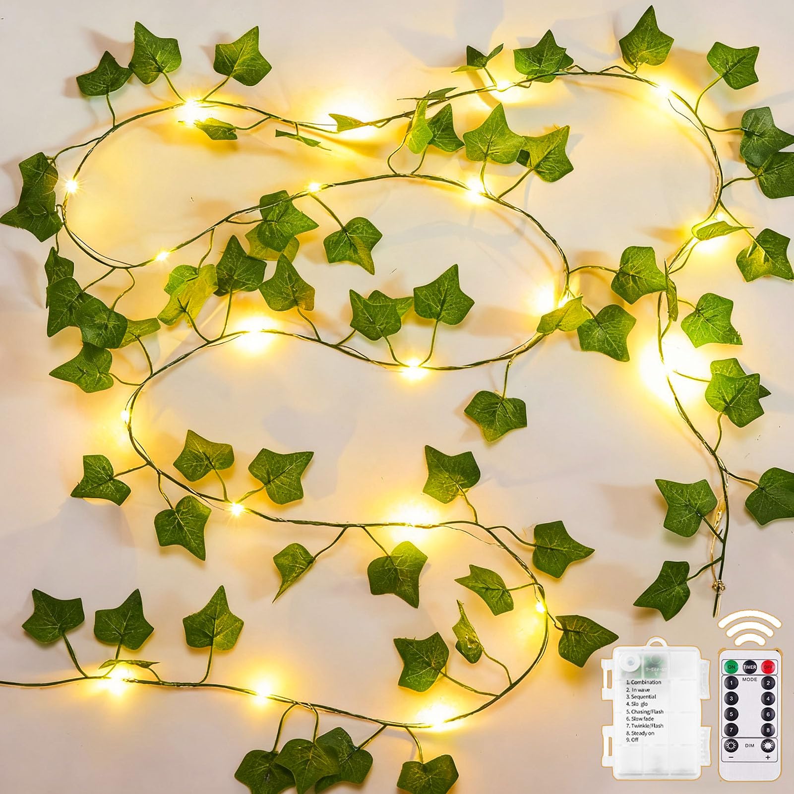 yowin 10M 100 LED Vines Fairy Fights, Ivy Fairy Lights with Remote, Fake Vines for Bedroom Aesthetic, 8 Modes Artificial Ivy Garland for Christmas Home Garden Wedding, Battery Operated, Warm White