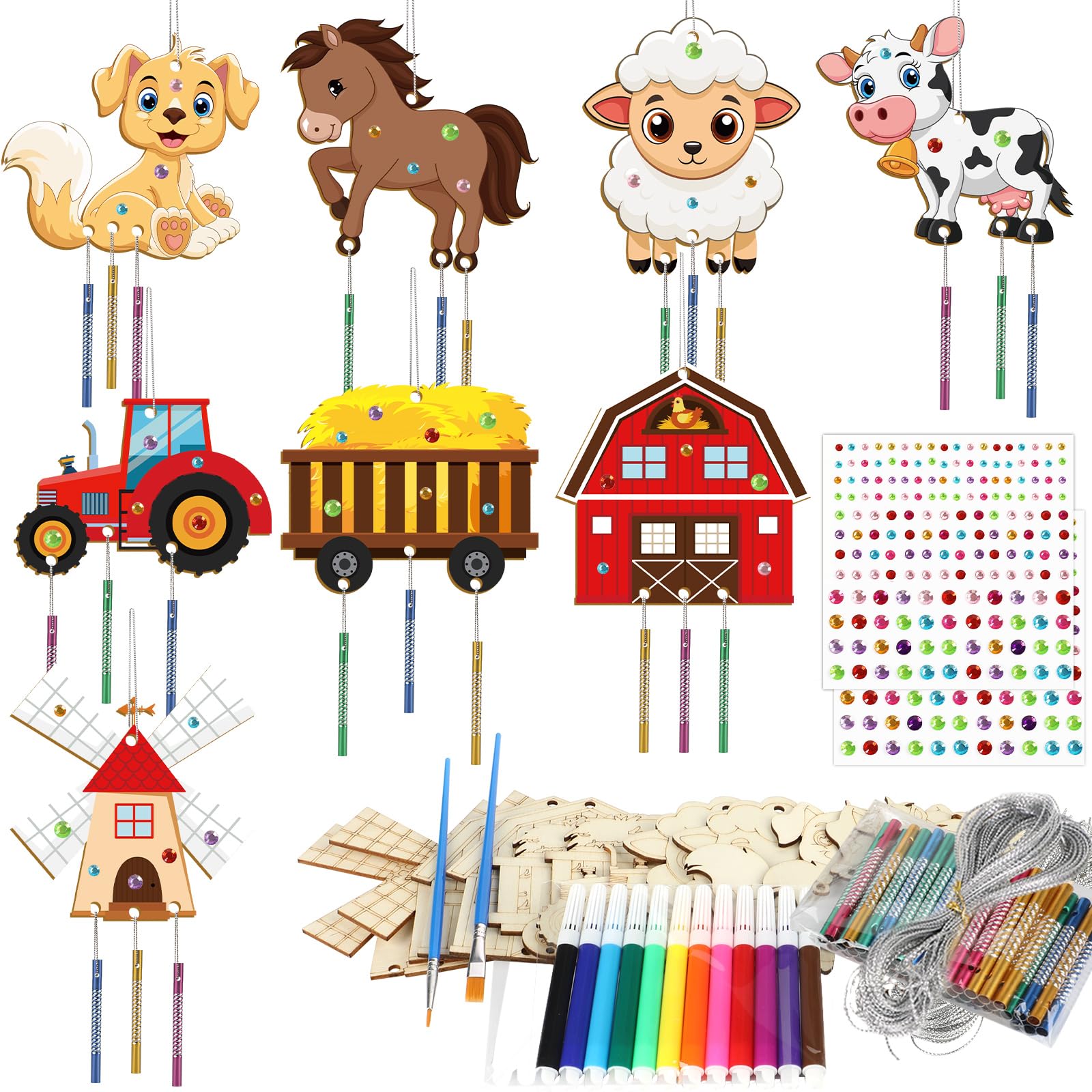 gisgfim 16 Pack Farm Animals Wind Chime Kits Crafts for Kids Make Your Own Farmhouse Wind Chime Wooden DIY Coloring Arts Crafts for School Home Barnyard Tractor Party Hanging Decoration Supplies Favor