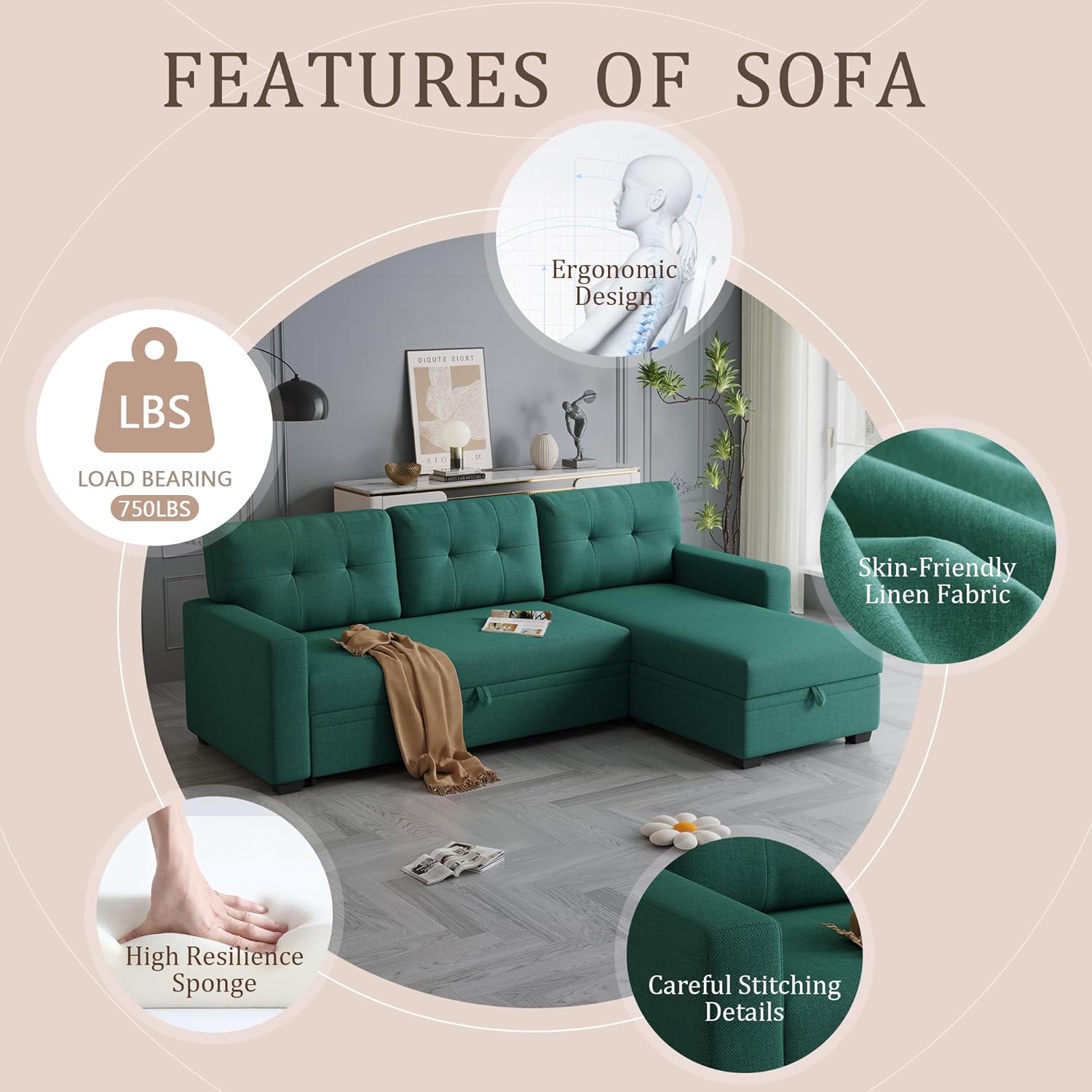 82" L-Shape Convertible Sleeper Sectional Sofa with Storage Chaise and Pull-Out Bed,Upholstered Reversible Corner 3 Seater Couch with Button Tufted Backrest & Armrest,for Living Room,Green