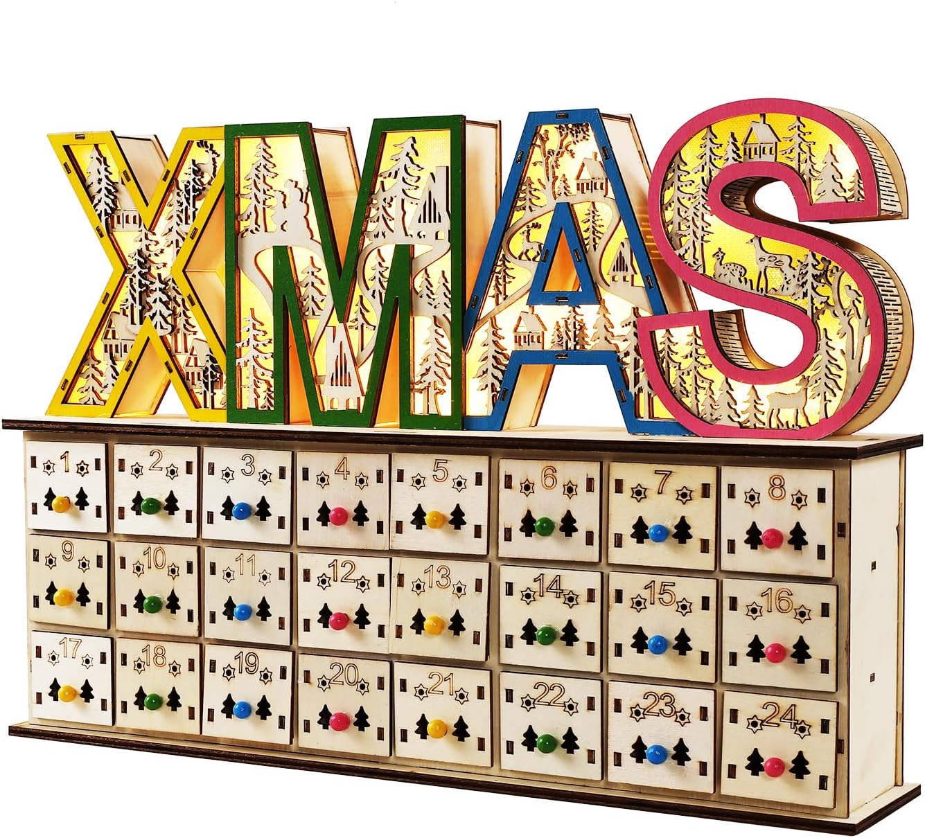 Wooden Empty Advent Calendar With Drawers,24 Days Countdown to Christmas,15.7 x 10.6 x 3.1 inches