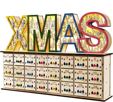 Wooden Empty Advent Calendar With Drawers,24 Days Countdown to Christmas,15.7 x 10.6 x 3.1 inches