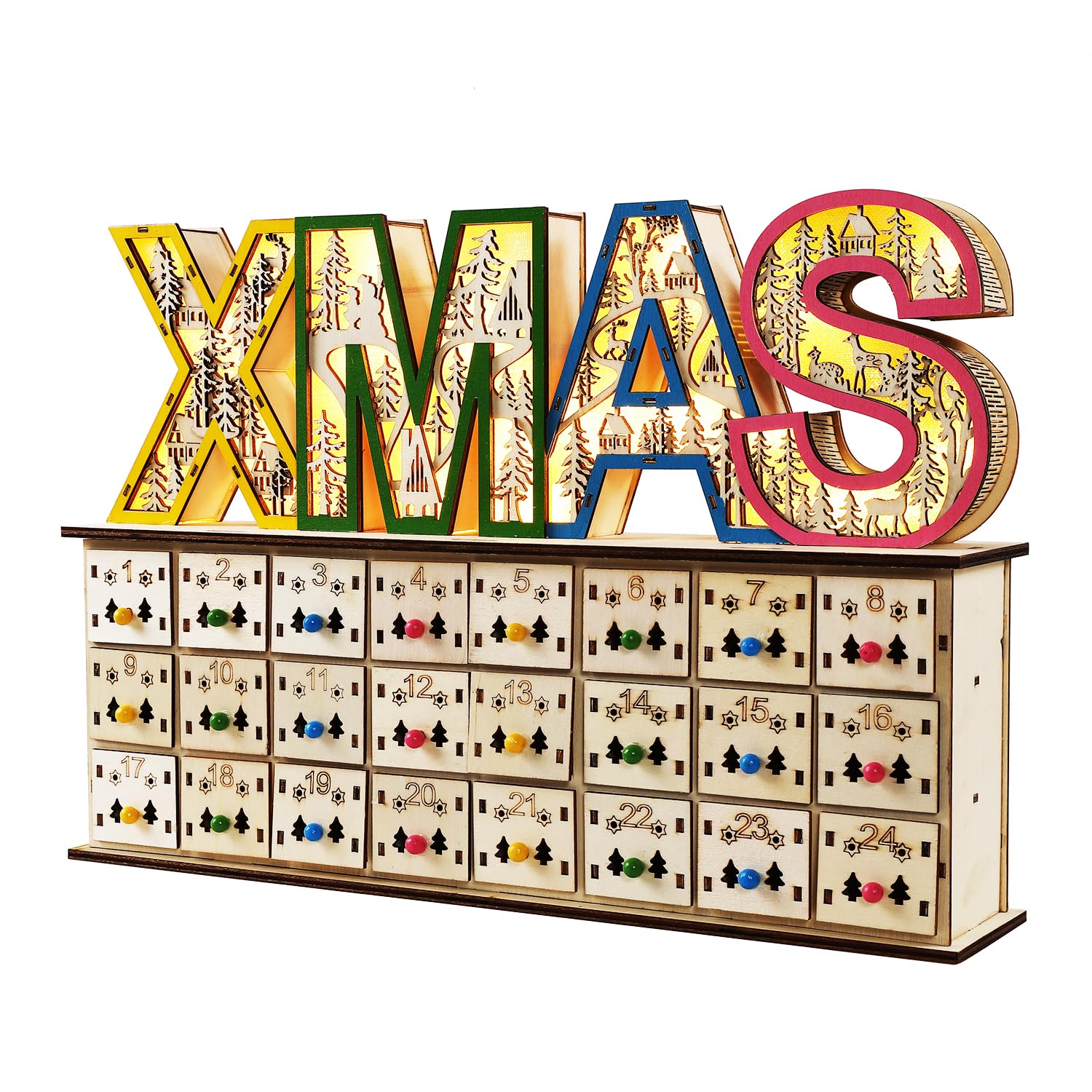 Leerer Adventskalender aus Holz mit Schubladen, 24 Tage Countdown bis Weihnachten, 39,9 x 26,9 x 7,9 cm