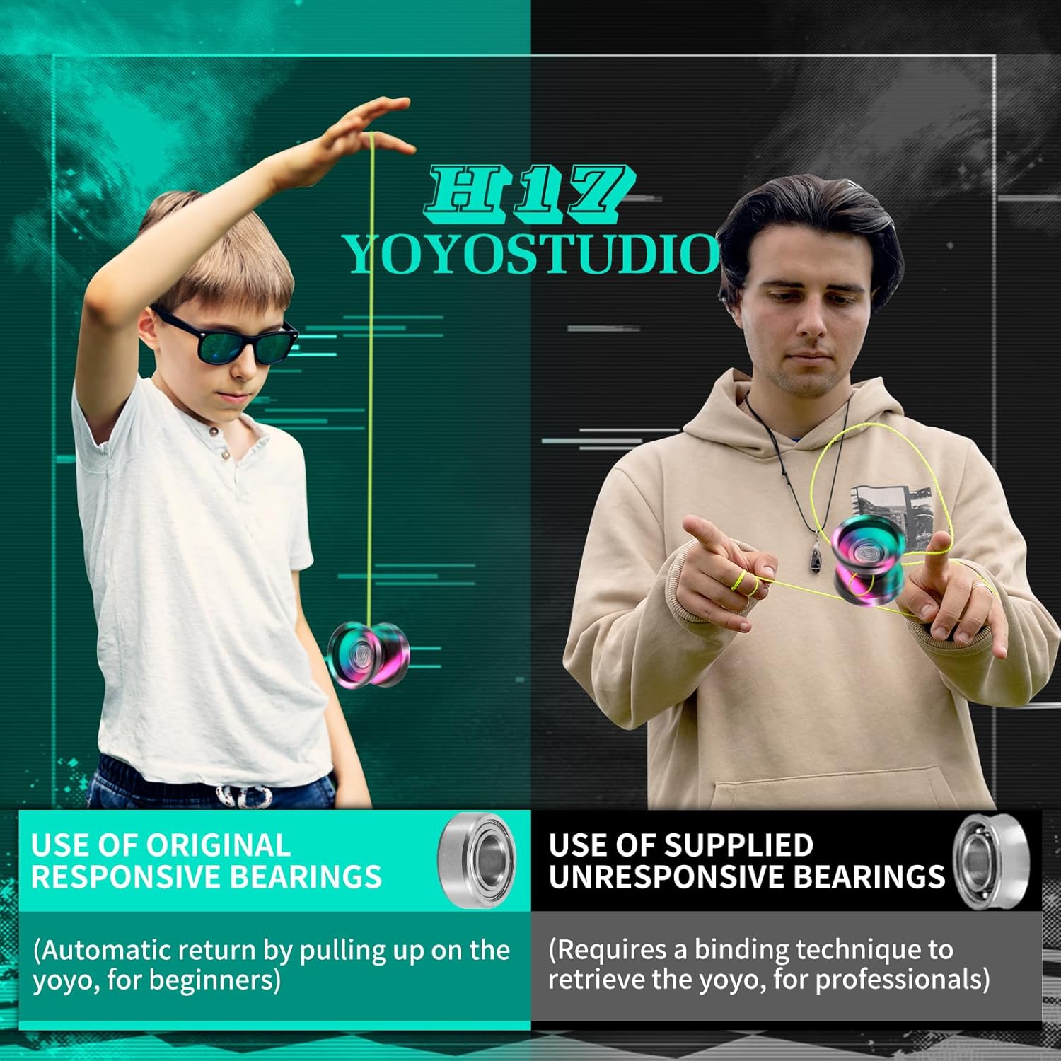 YOYOSTUDIO H17 Trick Yoyo Professional Metal Yoyo for Kids 8-12 Responsive Yo Yo for Kids Adults with Unresponsive Yoyos Bearings Kits, 10 Yo-Yo Strings, Case & Glove (Black Green Pink)