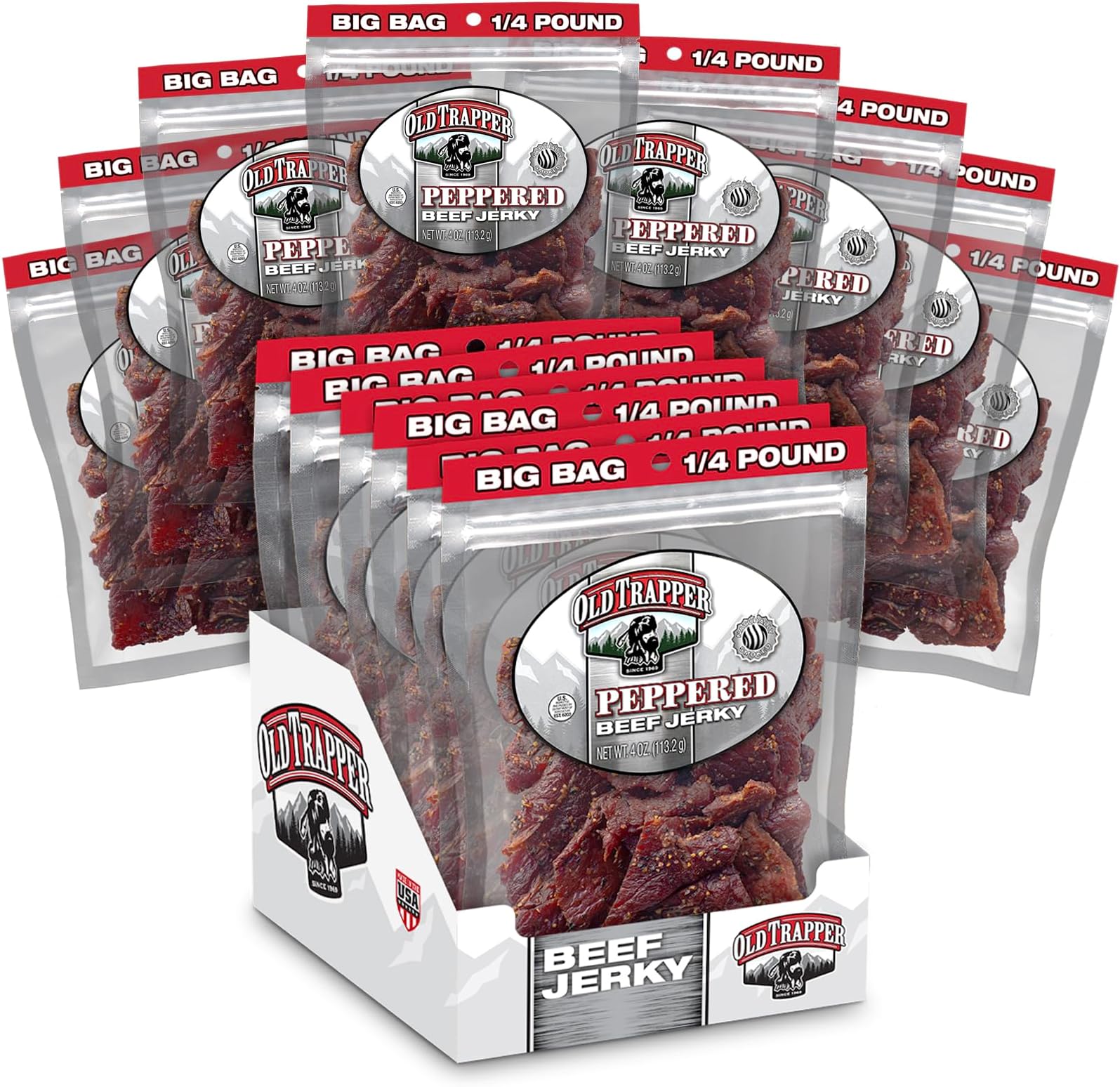 Old Trapper Beef Jerky, Peppered 1/4-Pound Individual Package, Spicy Meat Snacks for Lunches or Between Meals, 11 Grams of Protein, Zero Grams of Fat, 70 Calories per Serving (Pack of 8)