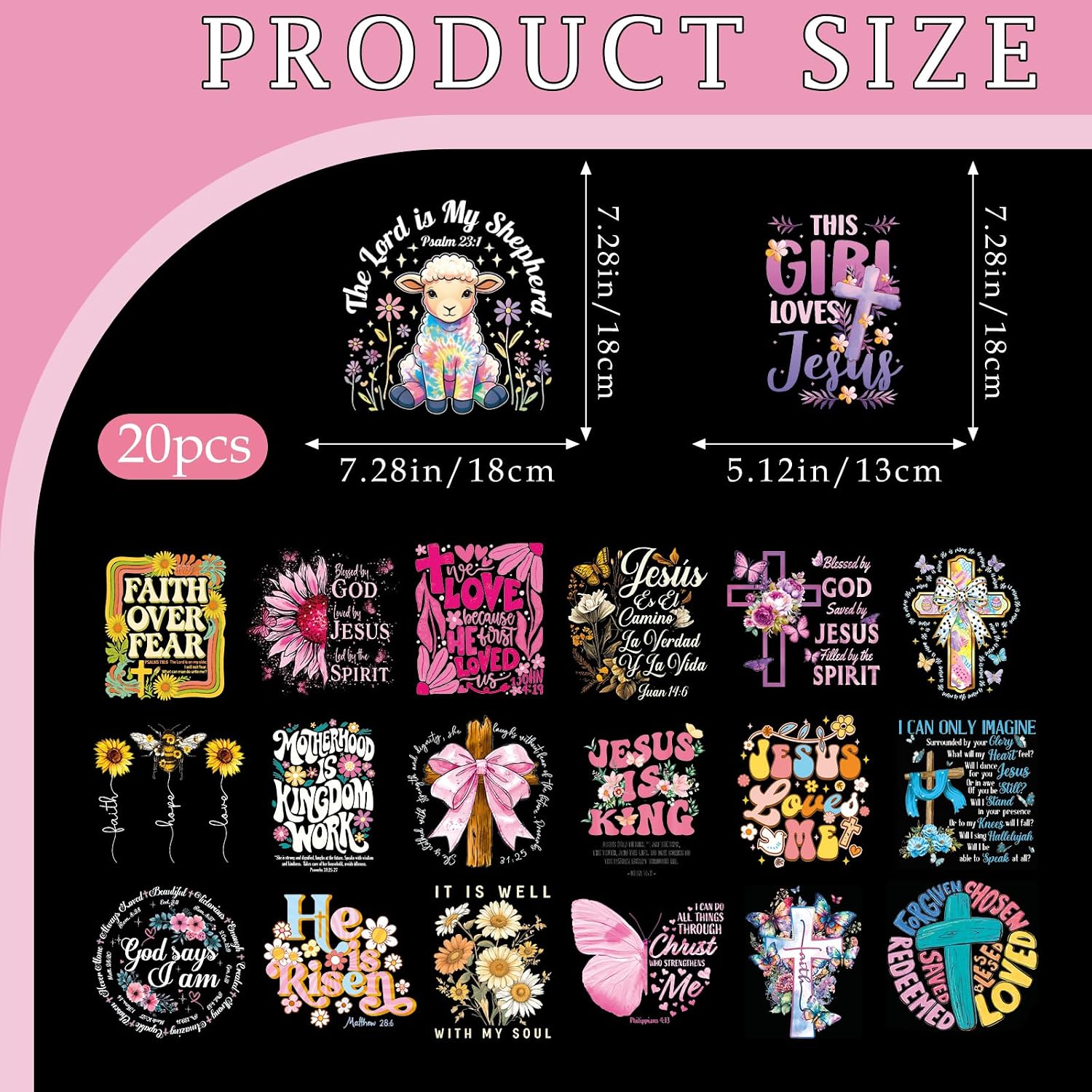 Christian DTF Transfers Ready to Press - 20 Sheets Motivational Bible Verse Iron on Transfers Sticker for T-Shirts Flower Iron on Decals for Clothes Jacket Hat Bag Hoodie DIY Craft Decoration