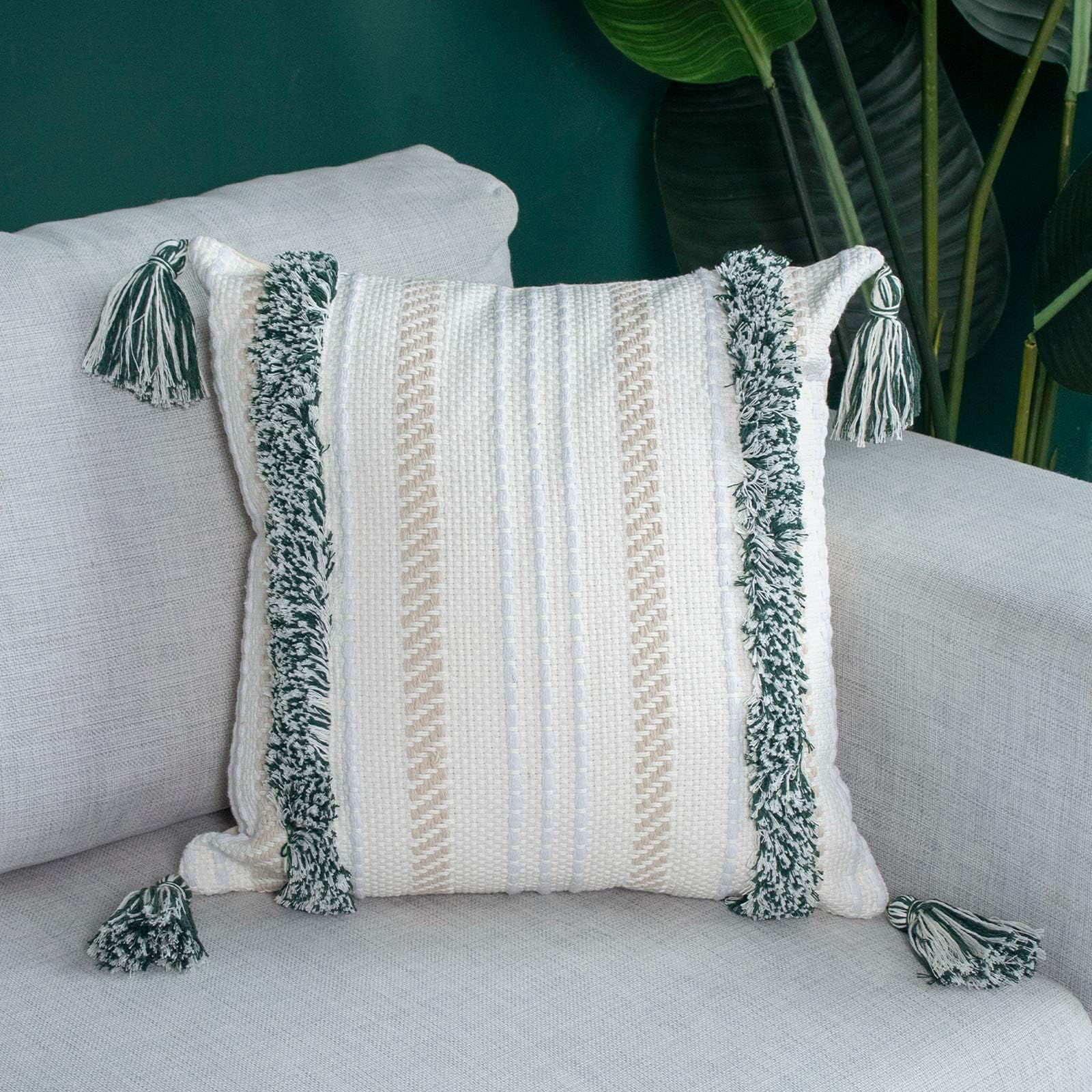 blue page Boho Throw Pillow Covers 18x18 Neutral Tufted Decorative Pillows Cover for Bed, Square Couch Pillow Cover Modern Accent Farmhouse Throw Pillow Case, Green