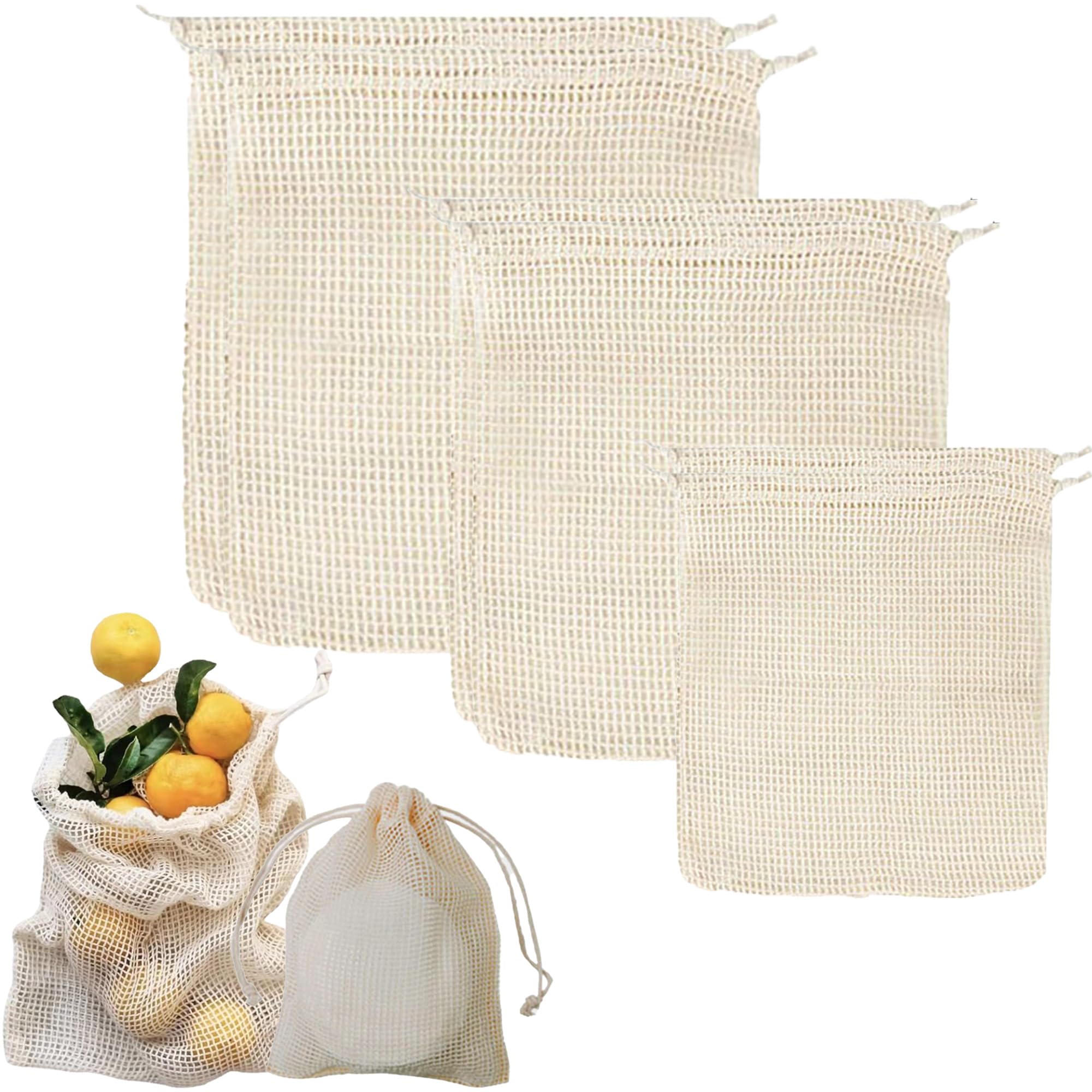 Xiciki 6 Pack Produce Bags Reusable, Vegetable Bags Cotton Mesh Drawstring Bag, 3 Size with Drawstring Net, Easy to Carry for Vegetables Fruit