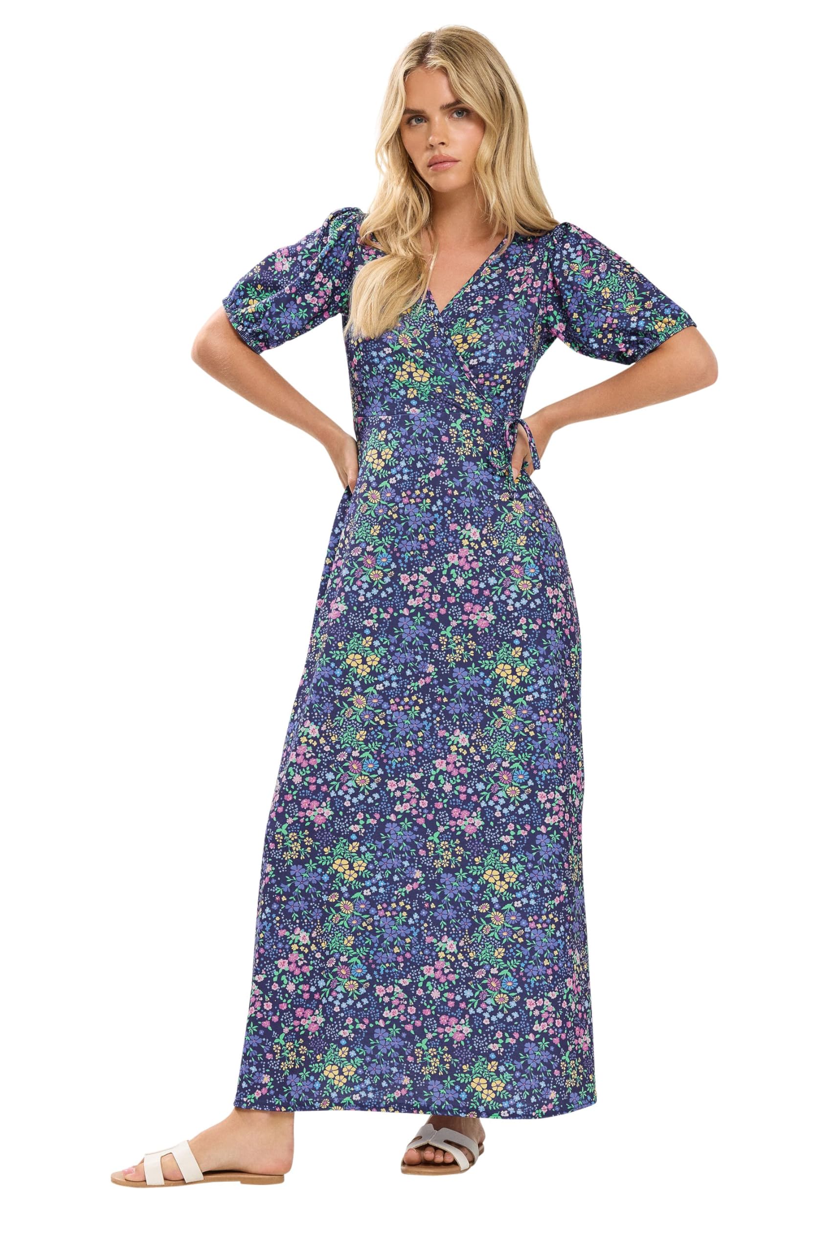 M&Co Petite Blue Ditsy Floral Wrap Maxi Dress - Women's