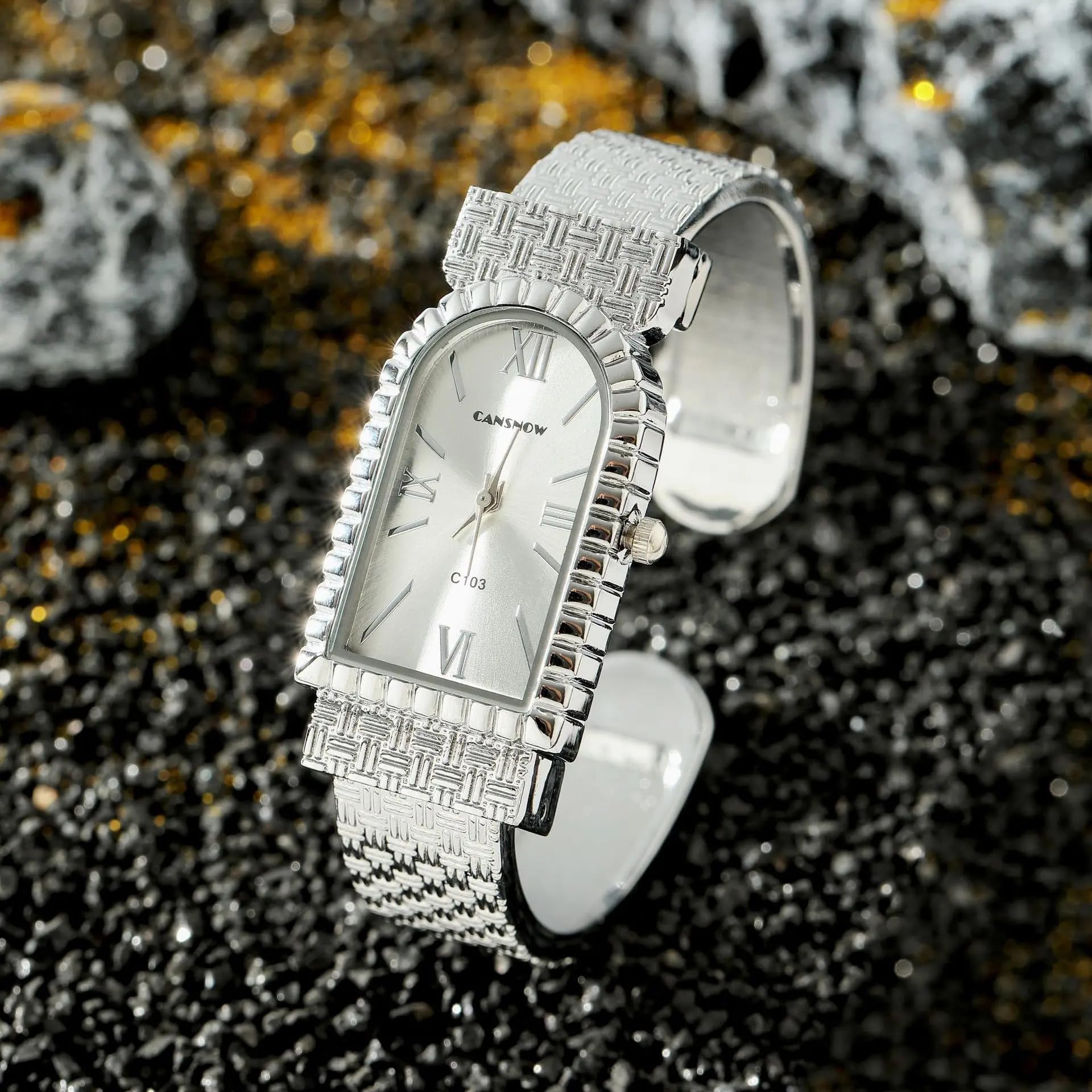 Römische Anmut Spangenuhr Damen Uhren Damen Spangenuhren Armreif Armbanduhr Armspange Damenuhr mit Strukturiertem Metall-Armband