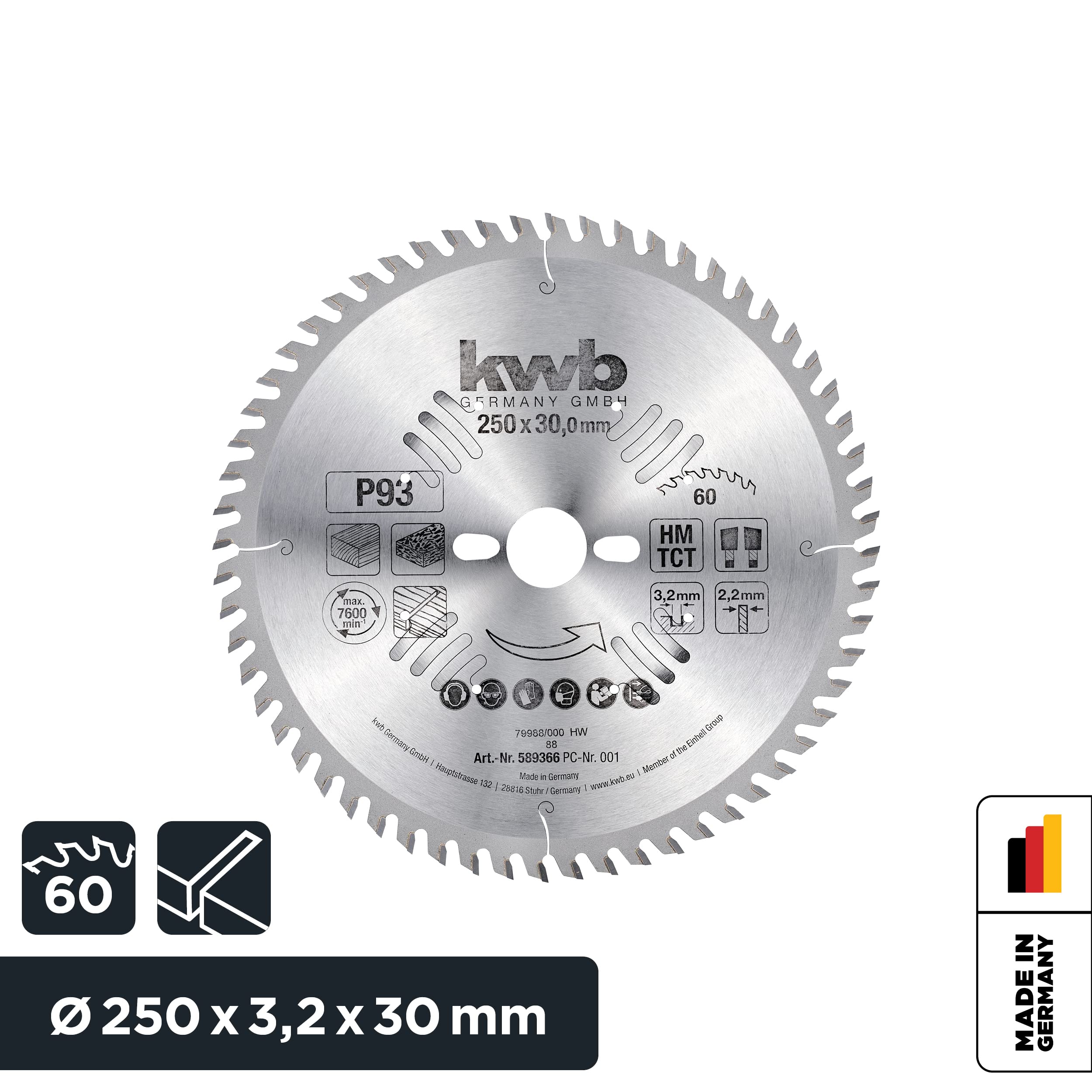 kwb Hoja de sierra circular de 250 x 30 mm, corte muy fino, apta para encimeras, madera y placas revestidas