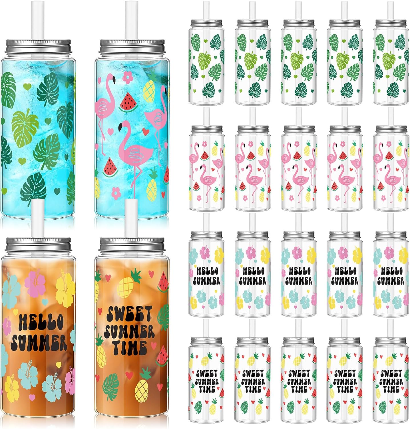Baderke 24 Pcs Hawaiian Plastic Cups with Lids and Straws 13.5 oz Tropical Luau Clear Drinking Cup for Whiskey Soda Tea Juice Smoothies Coffee Milk Beach Birthday Party Supplies (Hawaiian) 24 Hawaiian