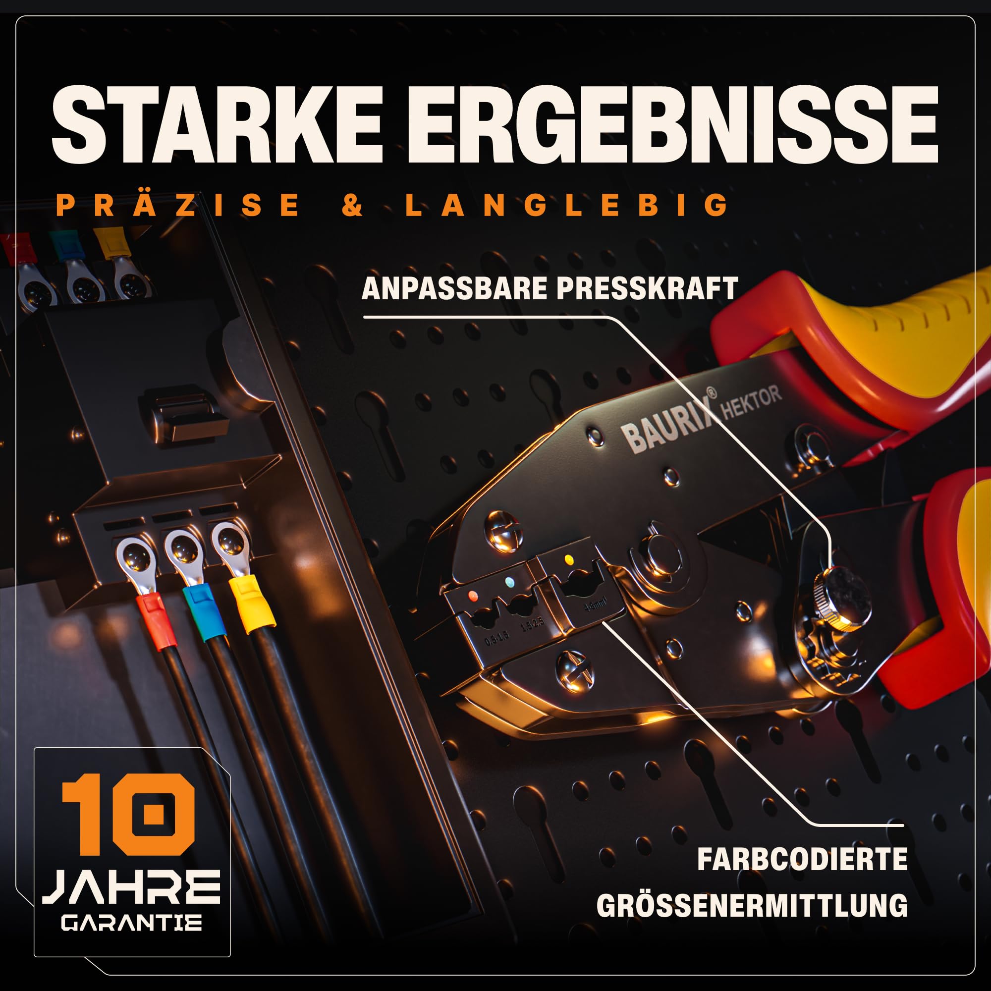 BAURIX® Crimpzange mit 700 Kabelschuhe Set – für diverse Verbinder-Arten – Regelbare Crimpkraft für 0,5–6 mm² – Elektriker Werkzeug – HEKTOR