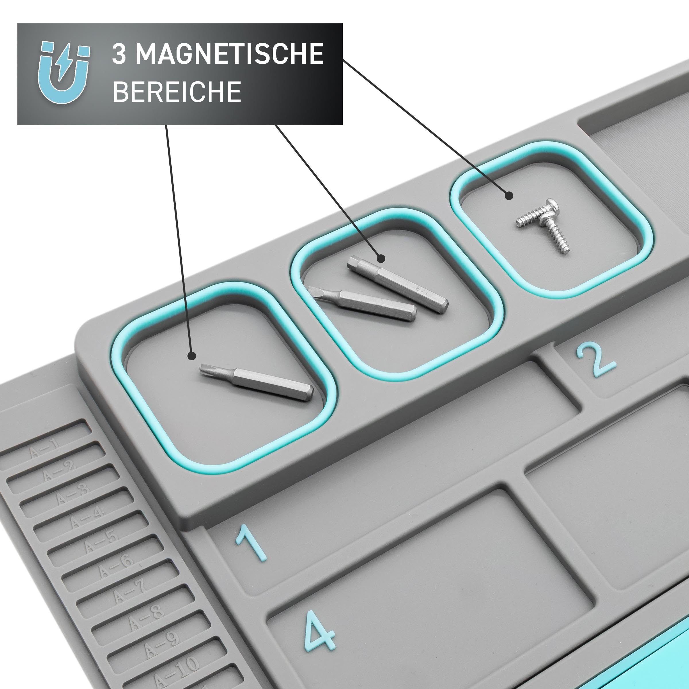 ESD-Arbeitsunterlage und Lötmatte Größe L 57 x 38 cm, Soft-PVC/Gummi mit abnehmbarer Silikoneinlage bis 500°C, Bauteil- und Werkzeugorganizer, 3 magnetische Bereiche