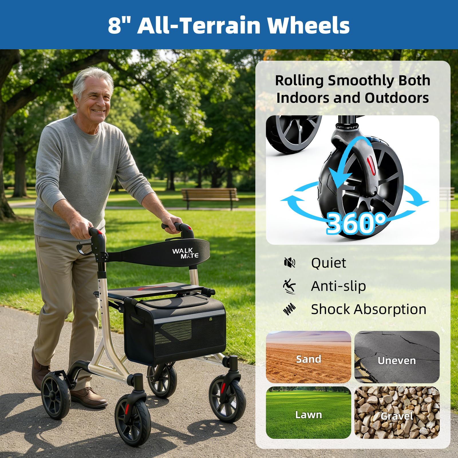 Walk Mate Deambulatore Rollator Pieghevole e Leggero con Seduta - Compatto per Spazi Ristretti, Regolazione Ergonomica dell'Altezza 150-190 cm, Ruote All-Terrain, Solo 6,7 kg