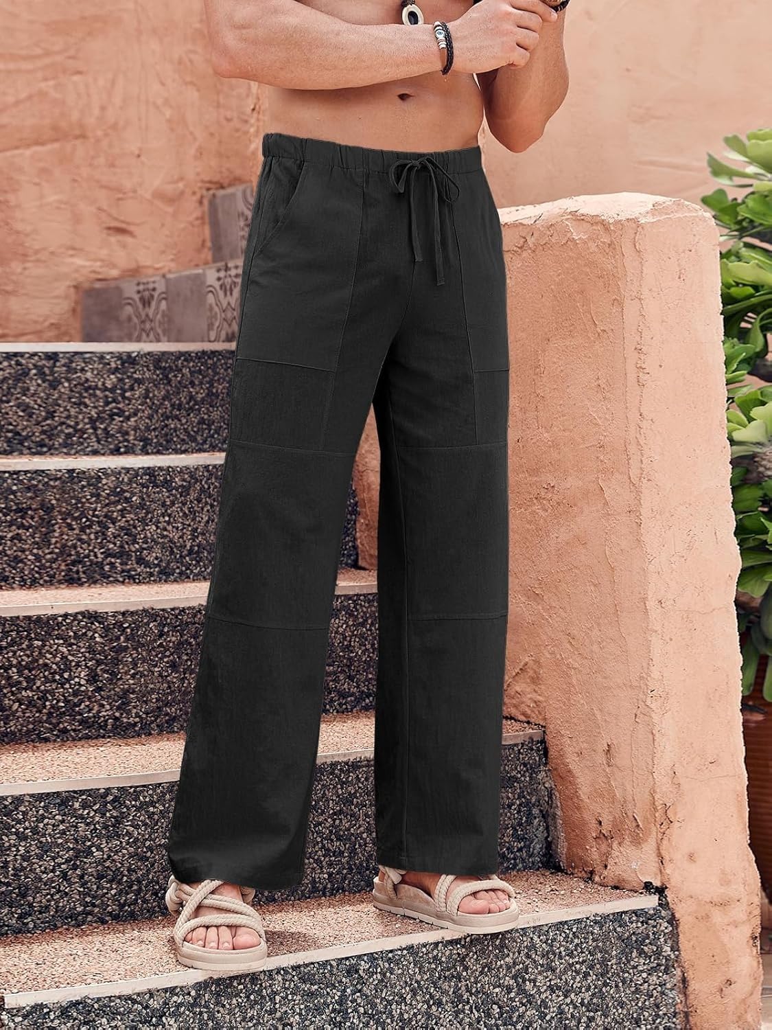 Runcati Herren Hose Baumwolle Straight Leg Yoga Hose Männer Herbst Loose Fit Strand Leicht Einfarbig Freizeithose mit Taschen Elastischer Bund