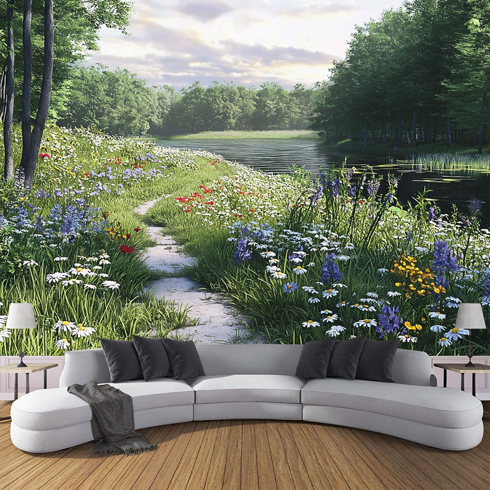 Papier Peint Mural Photo Motif Paysage avec Chemin de Fleurs Sauvages Vert 200x140cm
