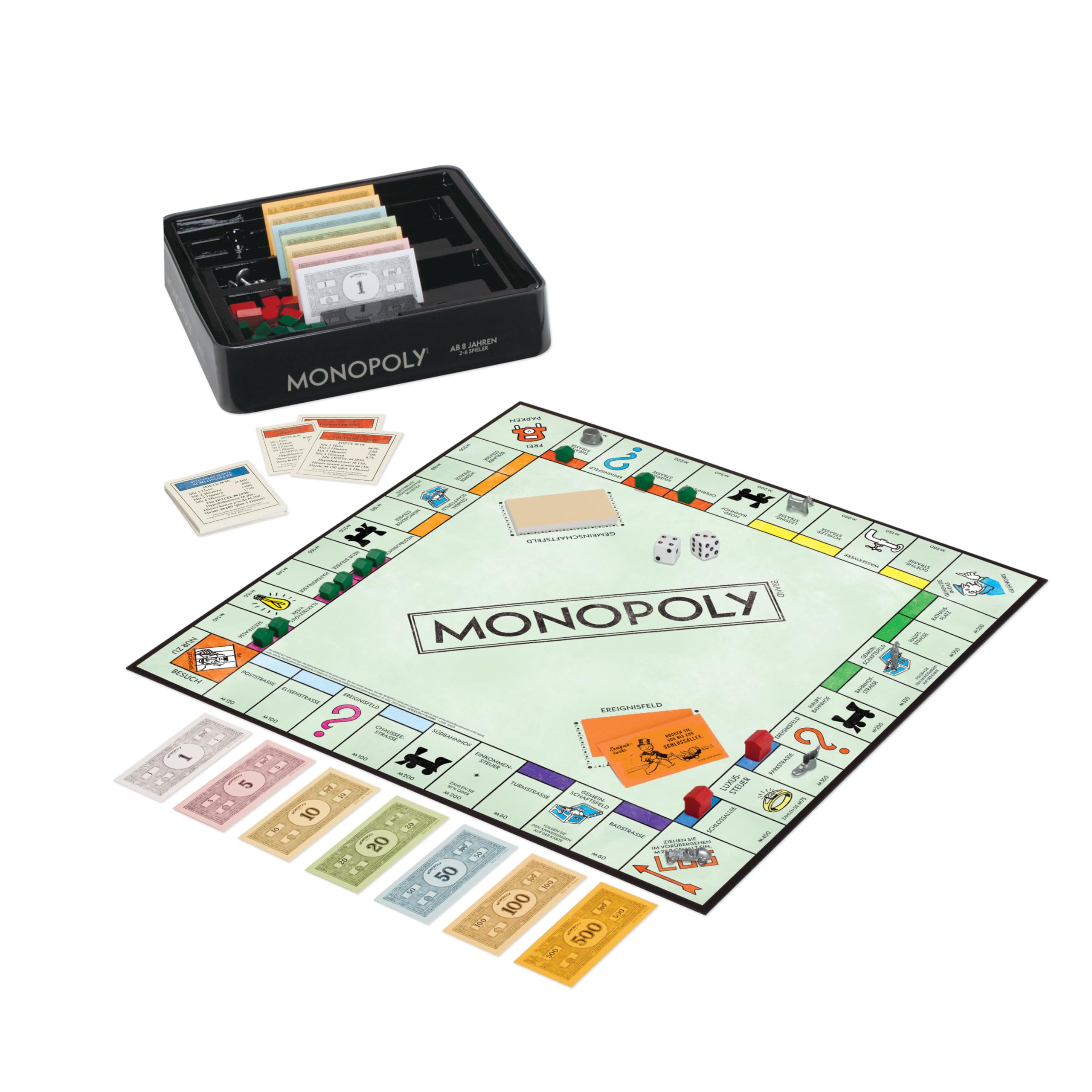 Monopoly Nostalgie Edition gra planszowa w stylu retro z lat 30., w wysokiej jakości puszce kolekcjonerskiej w stylu vintage z cyną figurkami, drewnianymi domkami, hotelami i dużą planszą do zabawy