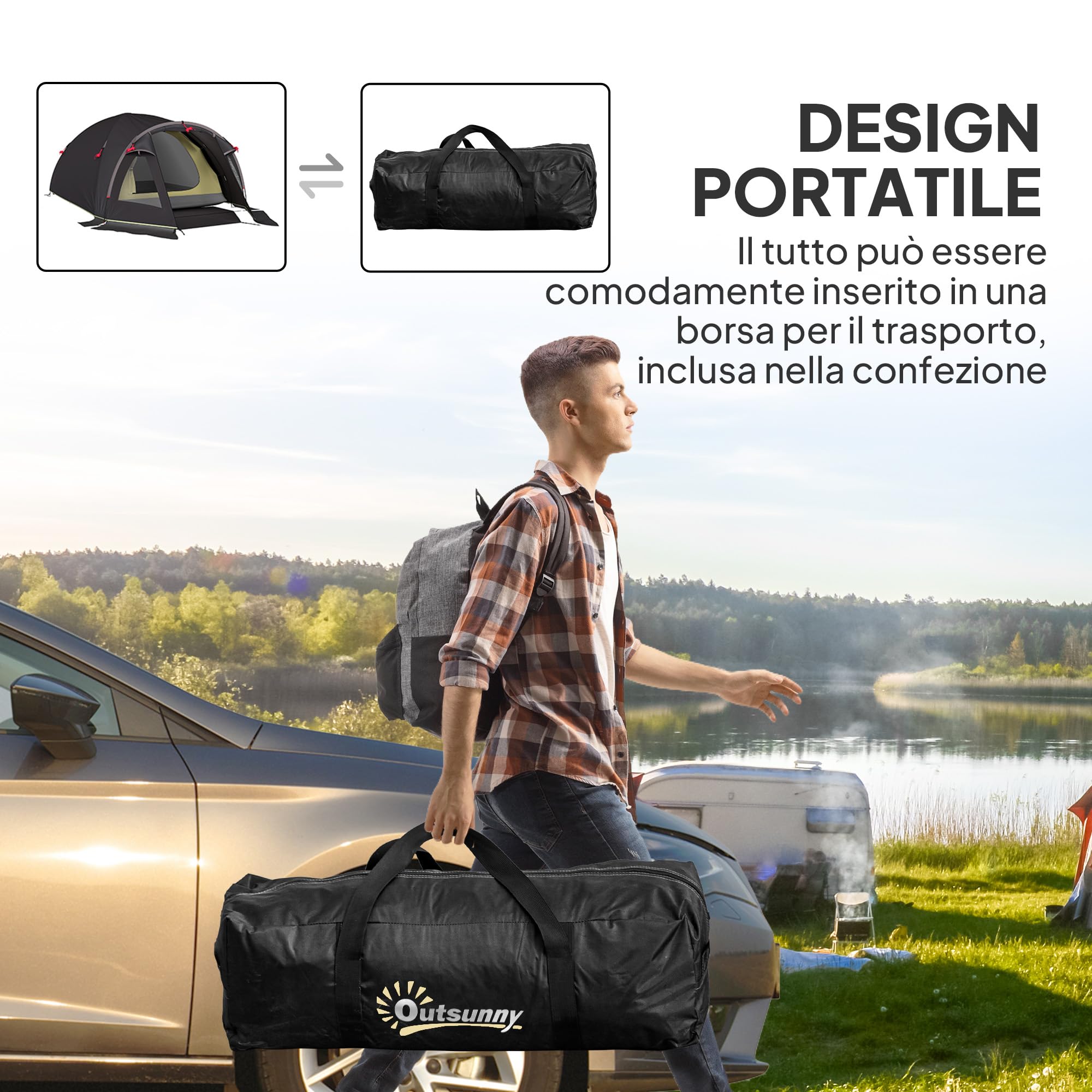 Outsunny Tenda da Campeggio a Tunnel per 2 Persone 2 Stanze Impermeabile 3000mm 330x190x120 cm Nero