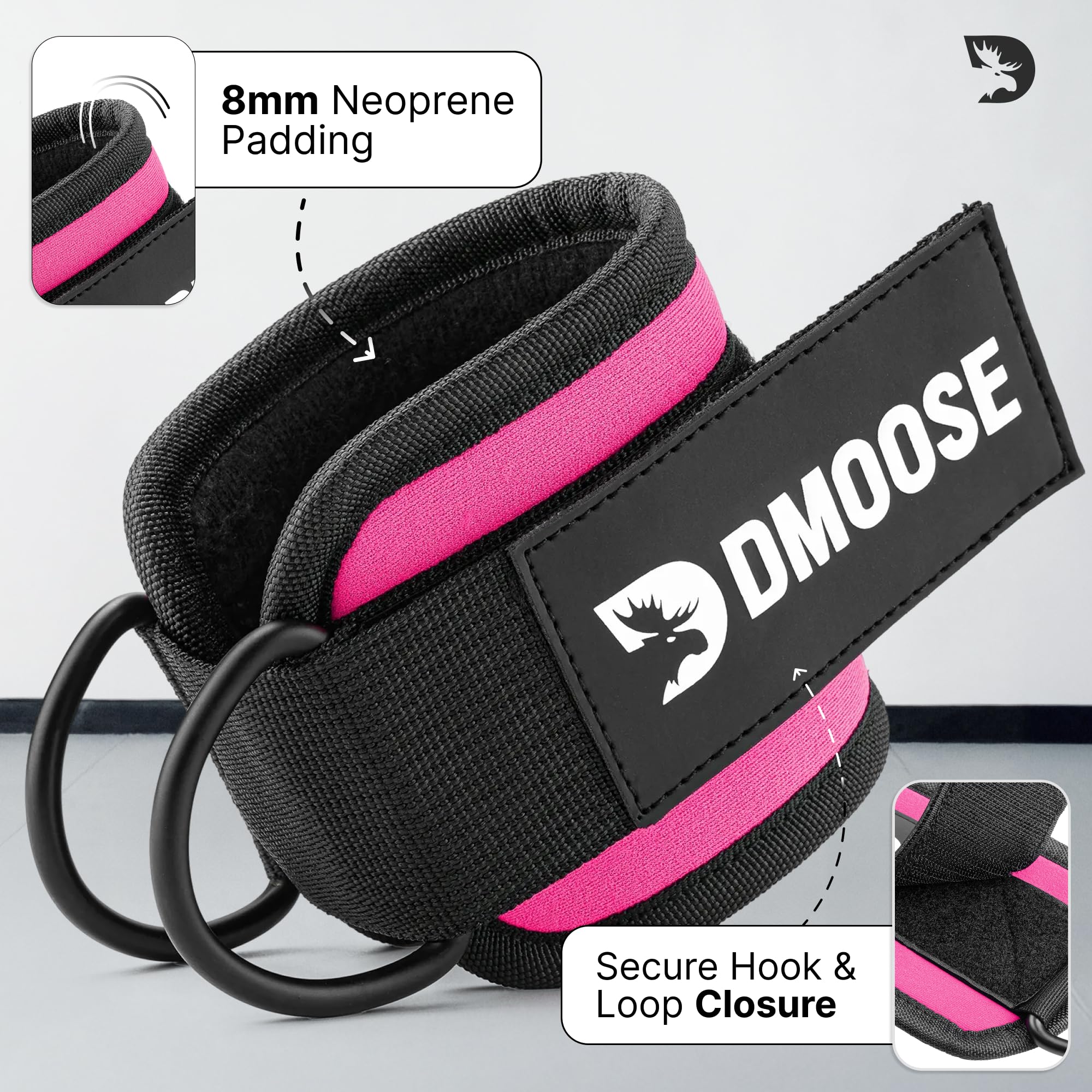 DMoose Knöchelriemen für Krafttraining, Riemenscheibe, Einheitsgröße mit Polsterung von höchster Qualität, für Sport, Kickback, Gesäßtraining