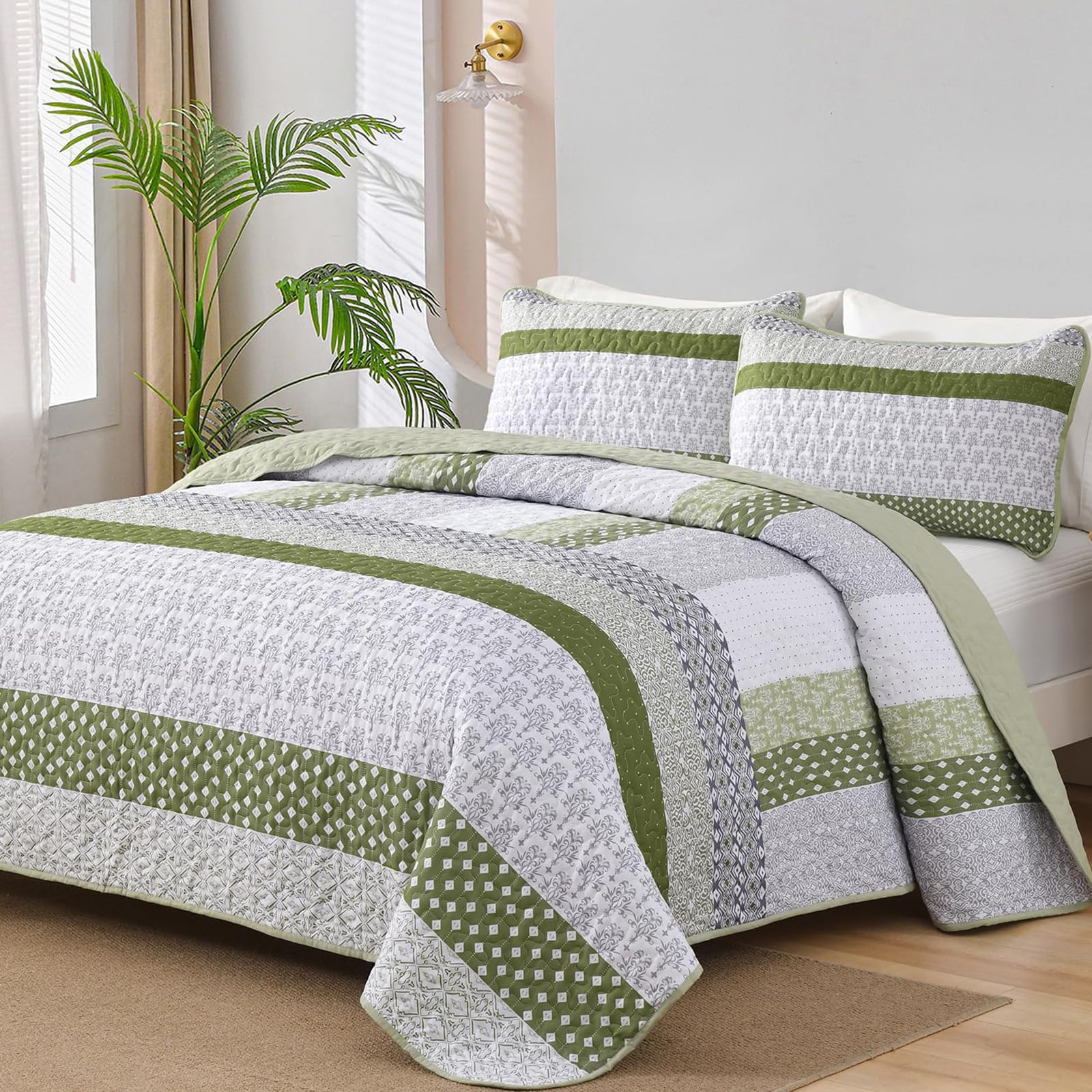 WONGS BEDDING Olive Green Quilt Queen Size, Bohemian Stripe Quilt Sets 3 Pieces Green Boho Quilted Bedspread Set Lightweight Microfiber Coverlet Bedding Set All Season (96"x90") — image 1