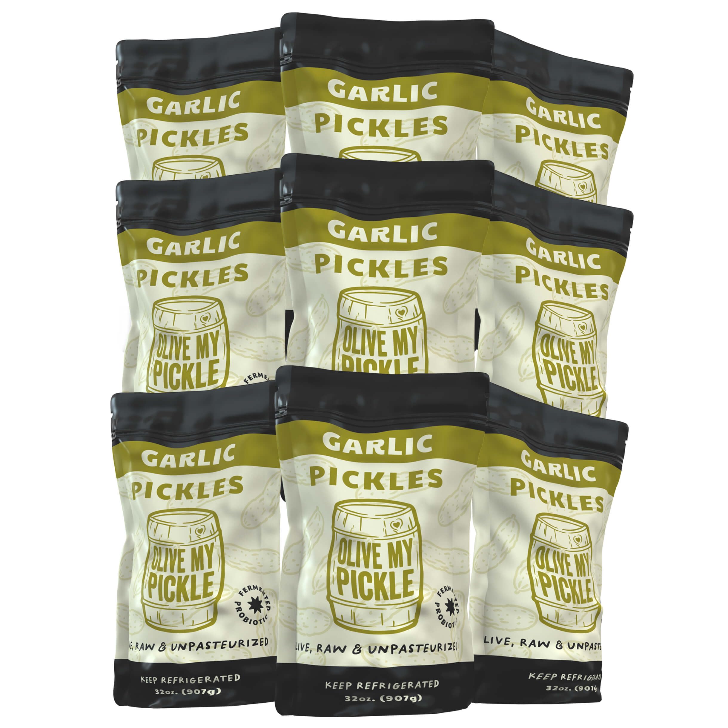 Olive My Pickle Fermented Garlic Dill Pickles - 288 Ounces | 9 Pack Bundle of Probiotic Dill Garlic Pickles and Brine with Digestive Enzymes for Gut