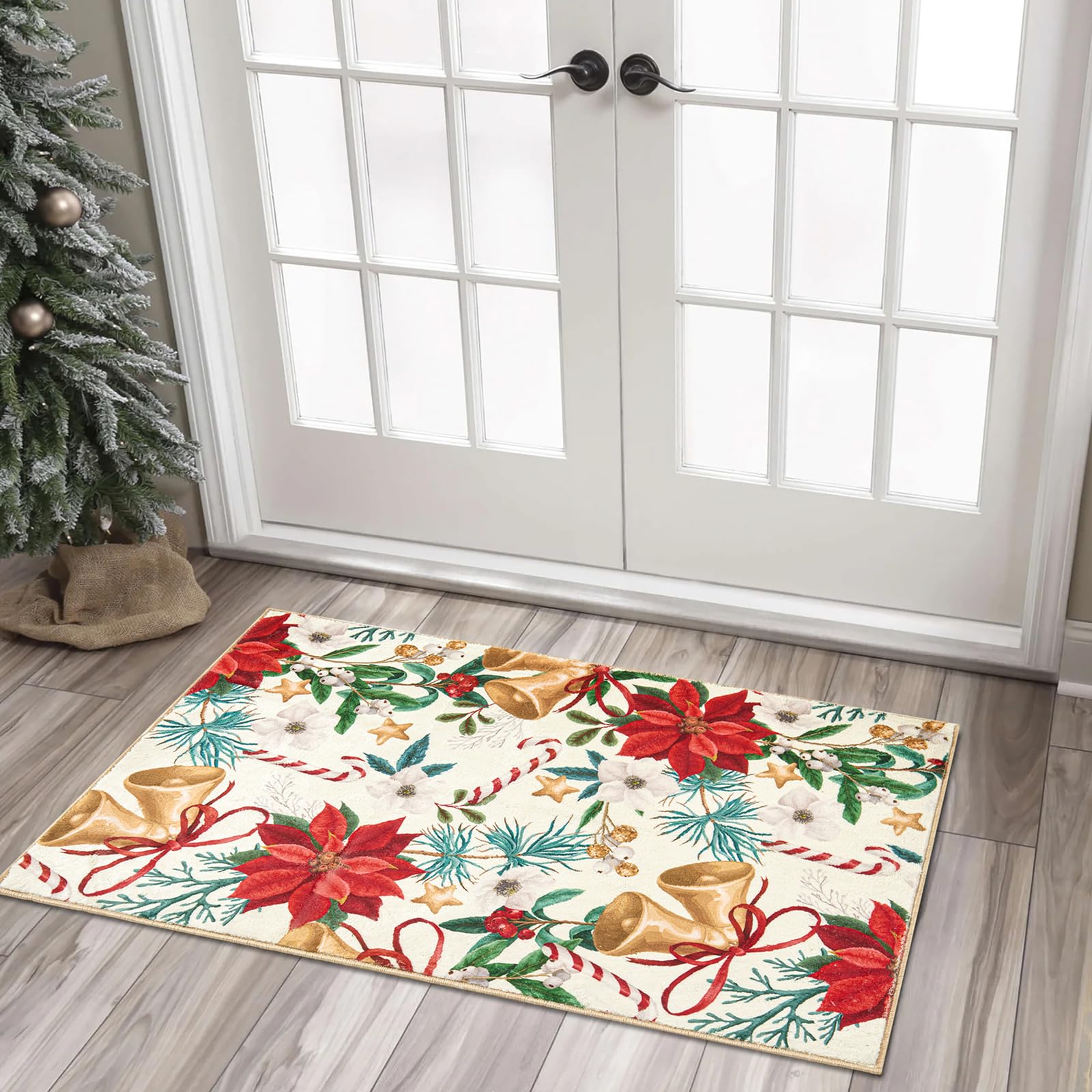 RoomTalks Vintage Christmas Indoor Door Mat 2x3 Entrance Rug Low Pile Washable, Xmas Tree Red Flowers Winter Plants Rug, Country Floral Christmas