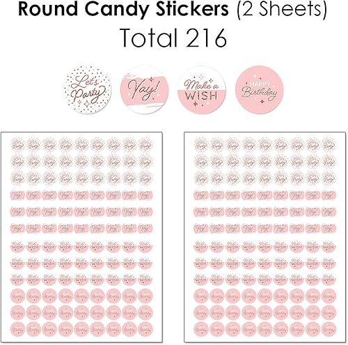 Miniatura 4 de Big Dot of Happiness Cumpleaños de oro rosa rosa  Mini envoltorios de barra de caramelo, calcomanías redondas y circulares  Kit de calcomanías para