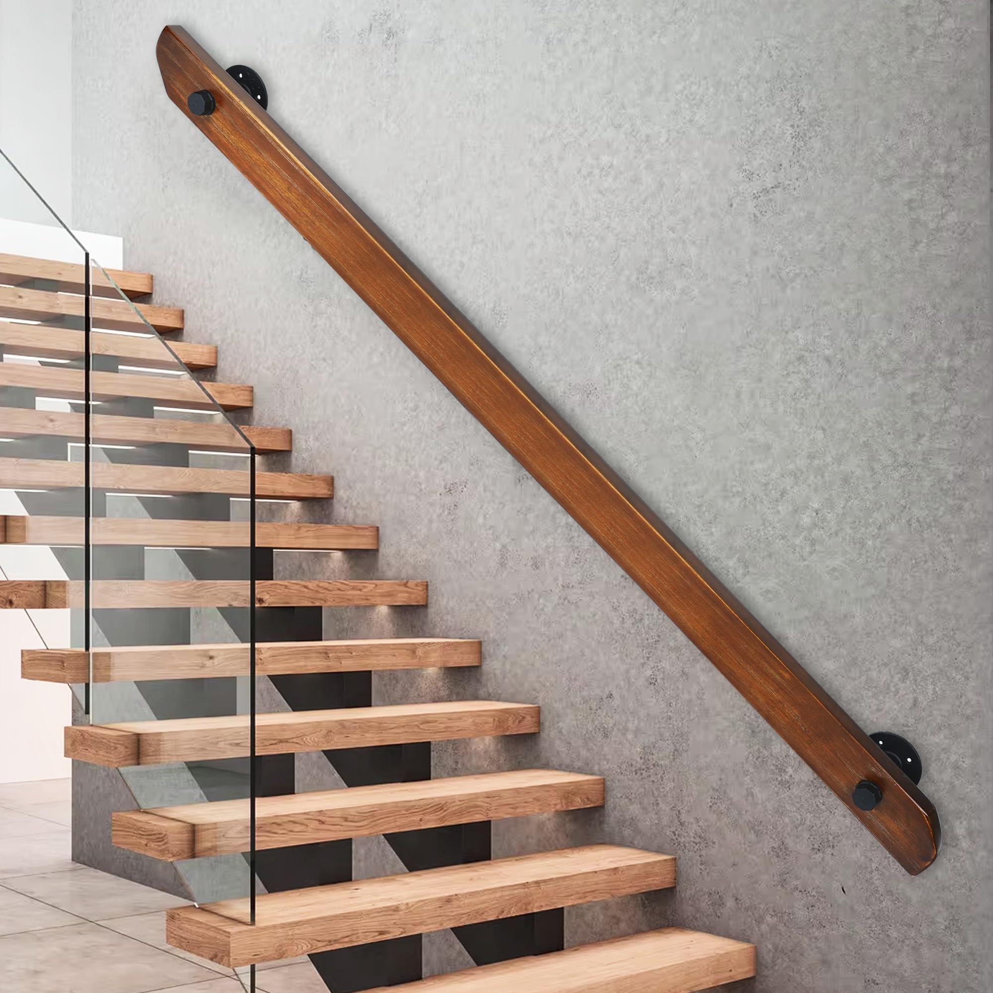 Wood Handrails, Indoor Non-Slip Staircase Handrail,Retro Rustic Wall Mount Railings Handrails, Home Loft Corridor Support Rod,Industrial Pipe Support, Easy to Install (Dark Wood, 9FT)