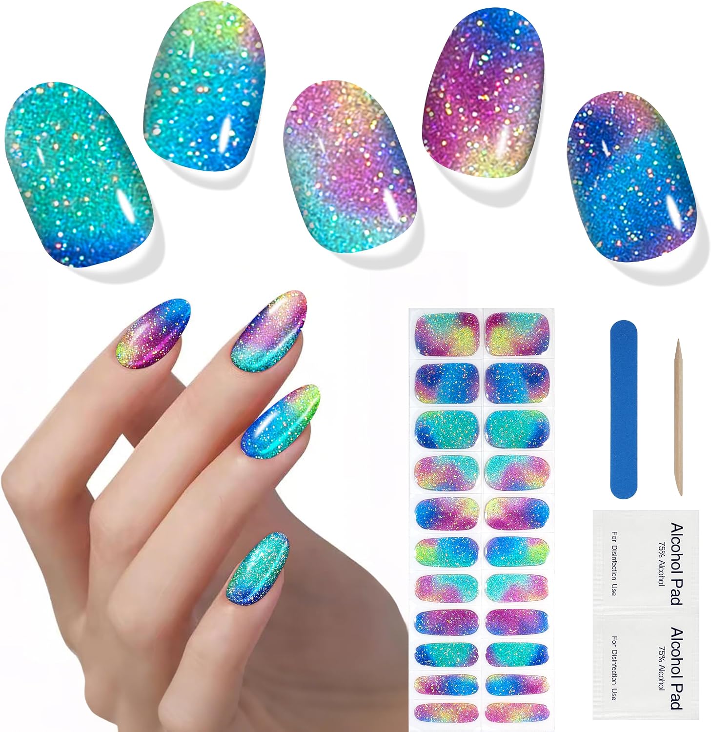 Semi Cured Gel Nail Strips, 22pcs UV Nails Art Sticker, Nail Wraps with UV Light Required for Home Nails DIY, Easy Application & Removal Salon Quality, Long Lasting (Midsummer Night 175)