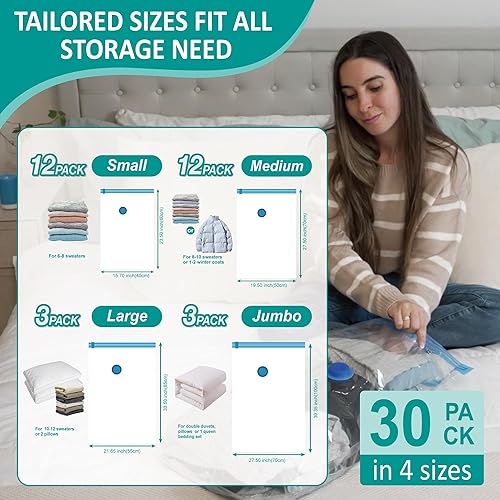 Miniatura 4 de Paquete de 30 bolsas de almacenamiento al vacío con bomba eléctrica inalámbrica recargable, bolsas de ahorro de espacio con sellado al vacío para