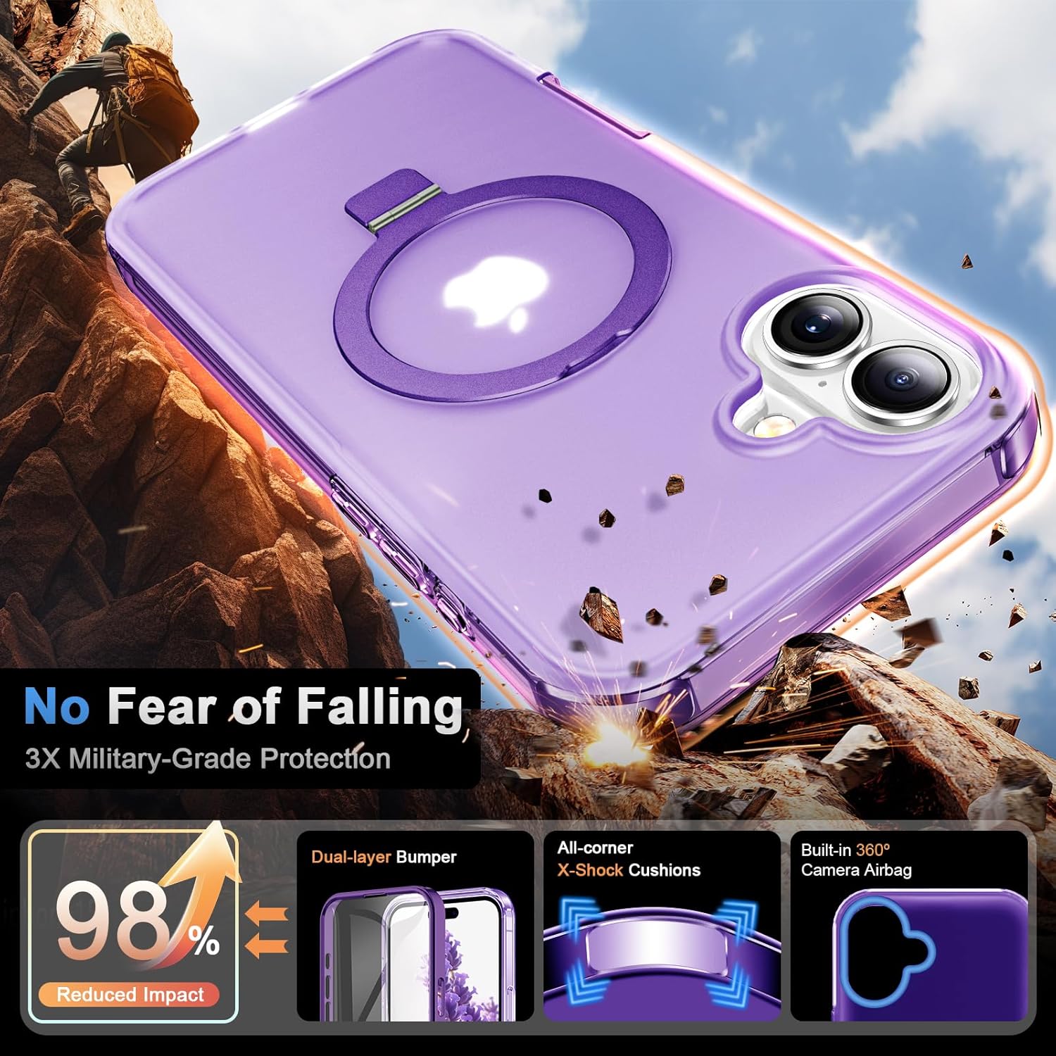 for iPhone 16 Plus Full Body Shockproof Case with Magnetic Invisible Stand [Compatible with MagSafe] Built-in Screen Protector Military Drop ProtectionTranslucent Phone Cover -Purple - Image 3