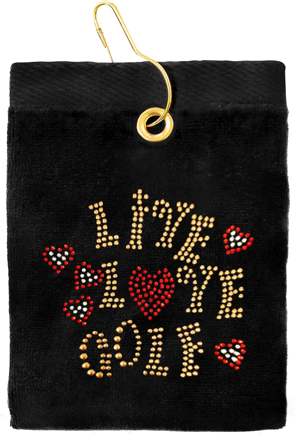 NAVIKA USA Inc. Black Golf Towel with Crystal Live Love Golf Design | Large Terry Cloth Sports Towel with Hook/Clip for Easy Attachment | Gift for Women Golfers | On Course Golfing Accessory