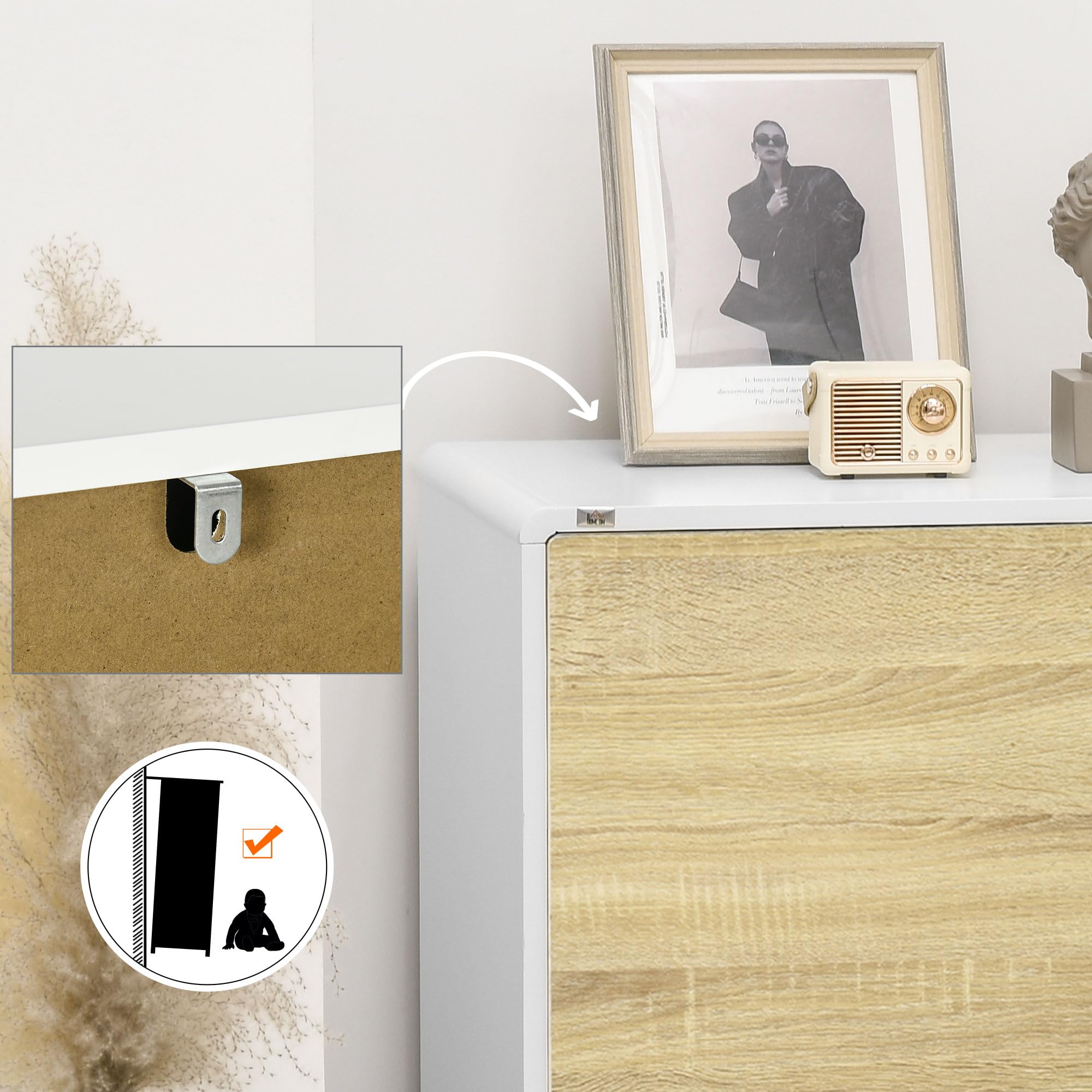 HOMCOM Mobile Multiuso con 2 Ante, Mobile Multiuso con Ante a Pressione e Mensole Regolabili, Mobiletto Salotto e Camera in Legno, 80x40x70cm, Bianco e Quercia