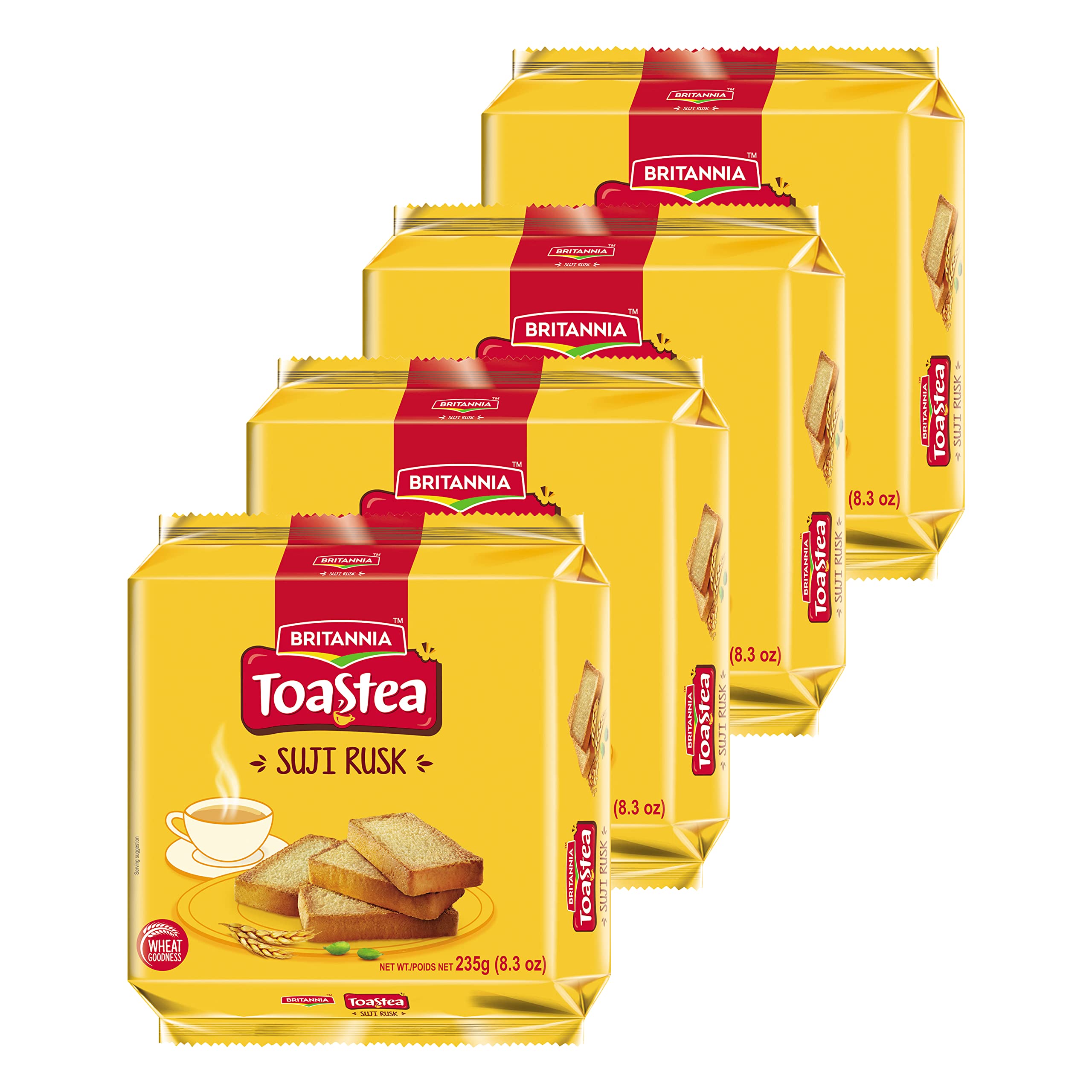 Britannia Toastea Suji Rusk 8.28oz (235g) - Biscotte De Semoule - Crispy Tea Time Snack - Crispy Crunchy Toast (Pack of 4)