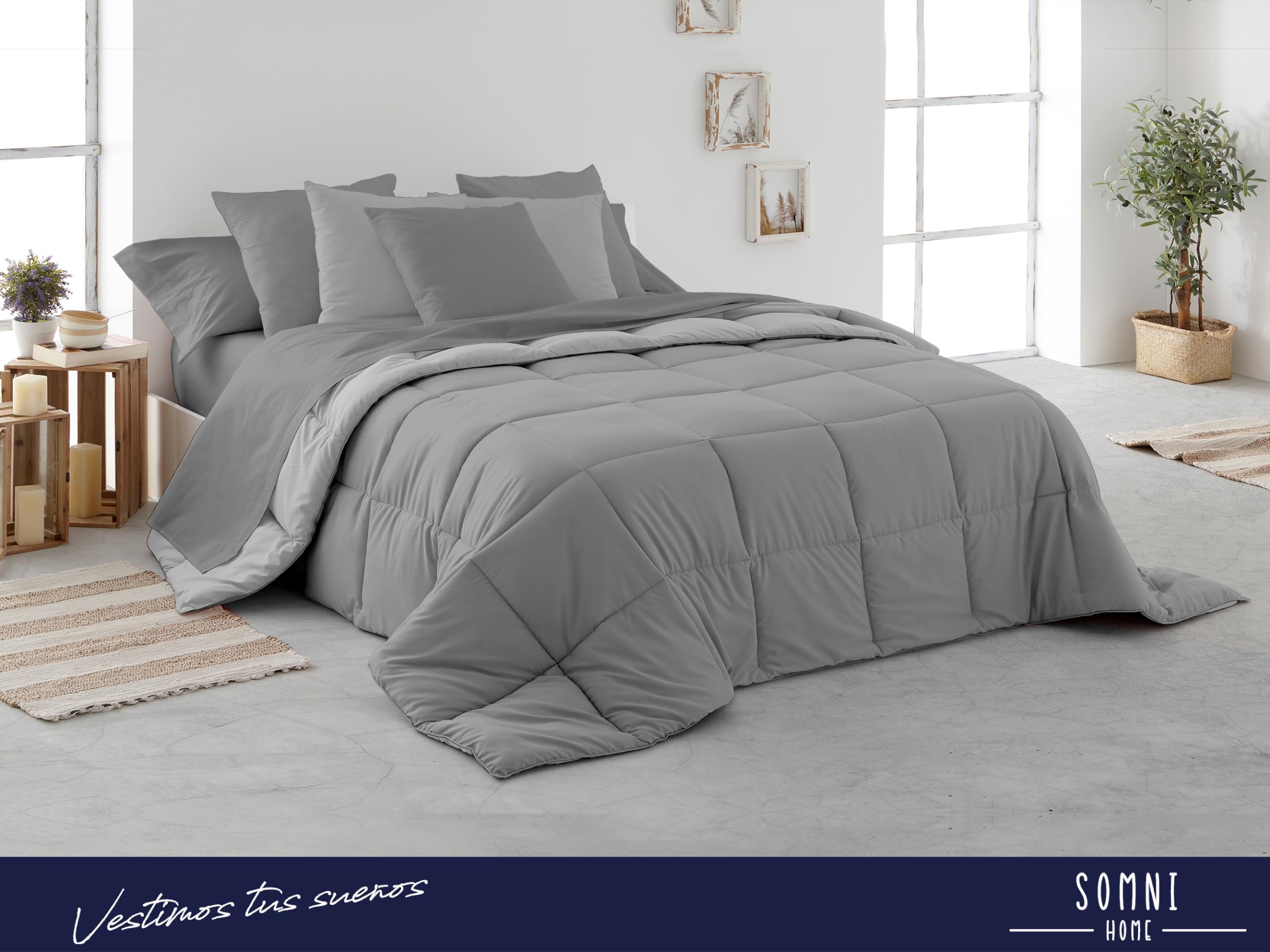 SOMNI HOME Edredón Reversible Nórdico Bicolor Otoño Cama 150/160 cm Duvet Tacto Pluma Microfibra Cálido Comodo Ligero. Cama Doble. Primavera Verano 200 gr. Perla - Gris 250x260