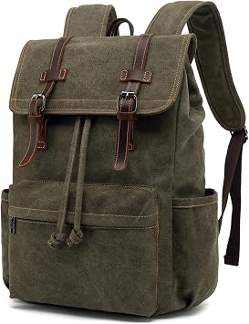 Vintage High-Density Canvas Laptop Backpack With Leather Trim, Multi-Pocket Travel Rucksack For Laptop, Durable Hiking & Commuter Bag - M83 Green