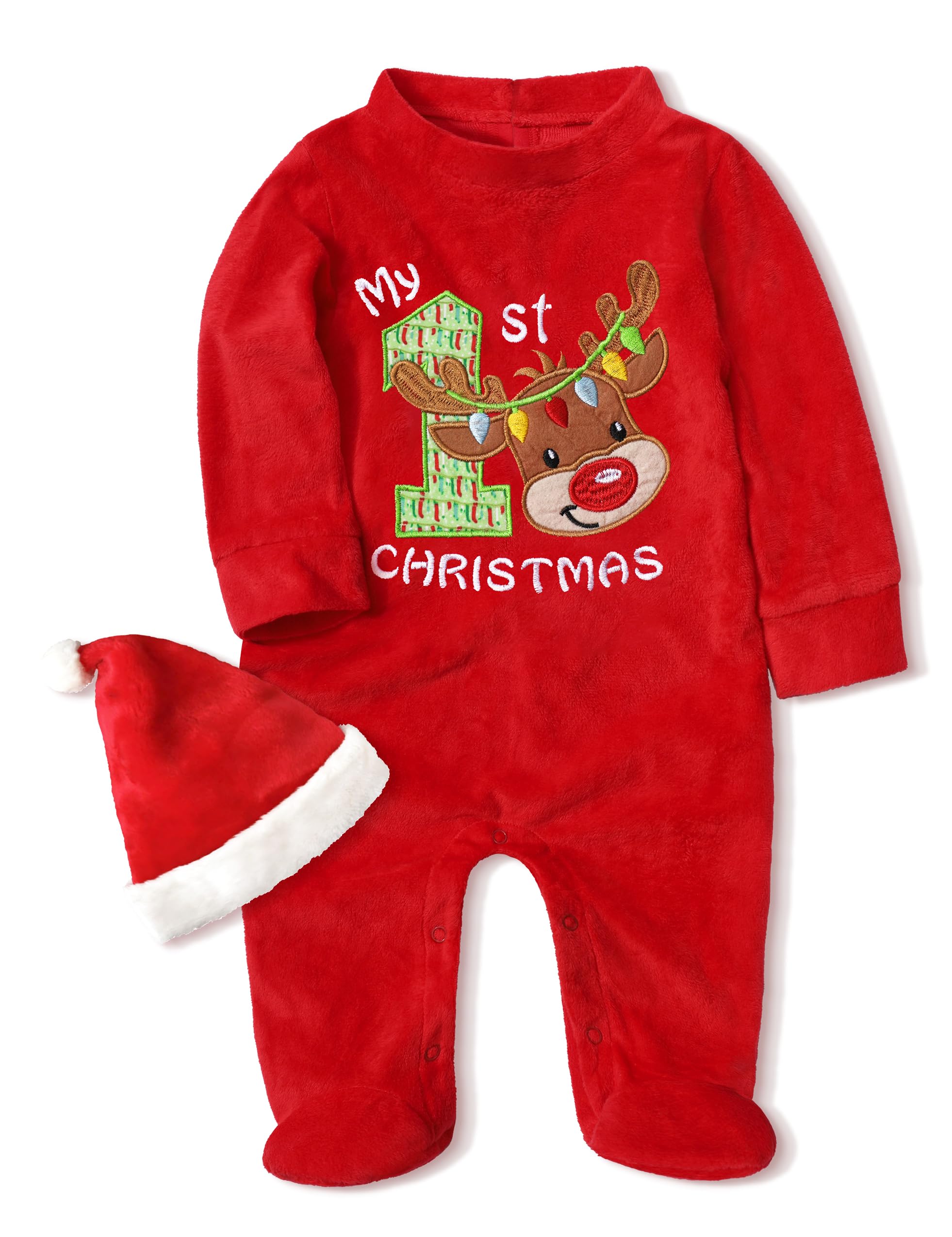 Von kilizo Baby Christmas Outfit My First Christmas Baby Girl Boy Outfit Footed Romper Santa Hat 2Pcs