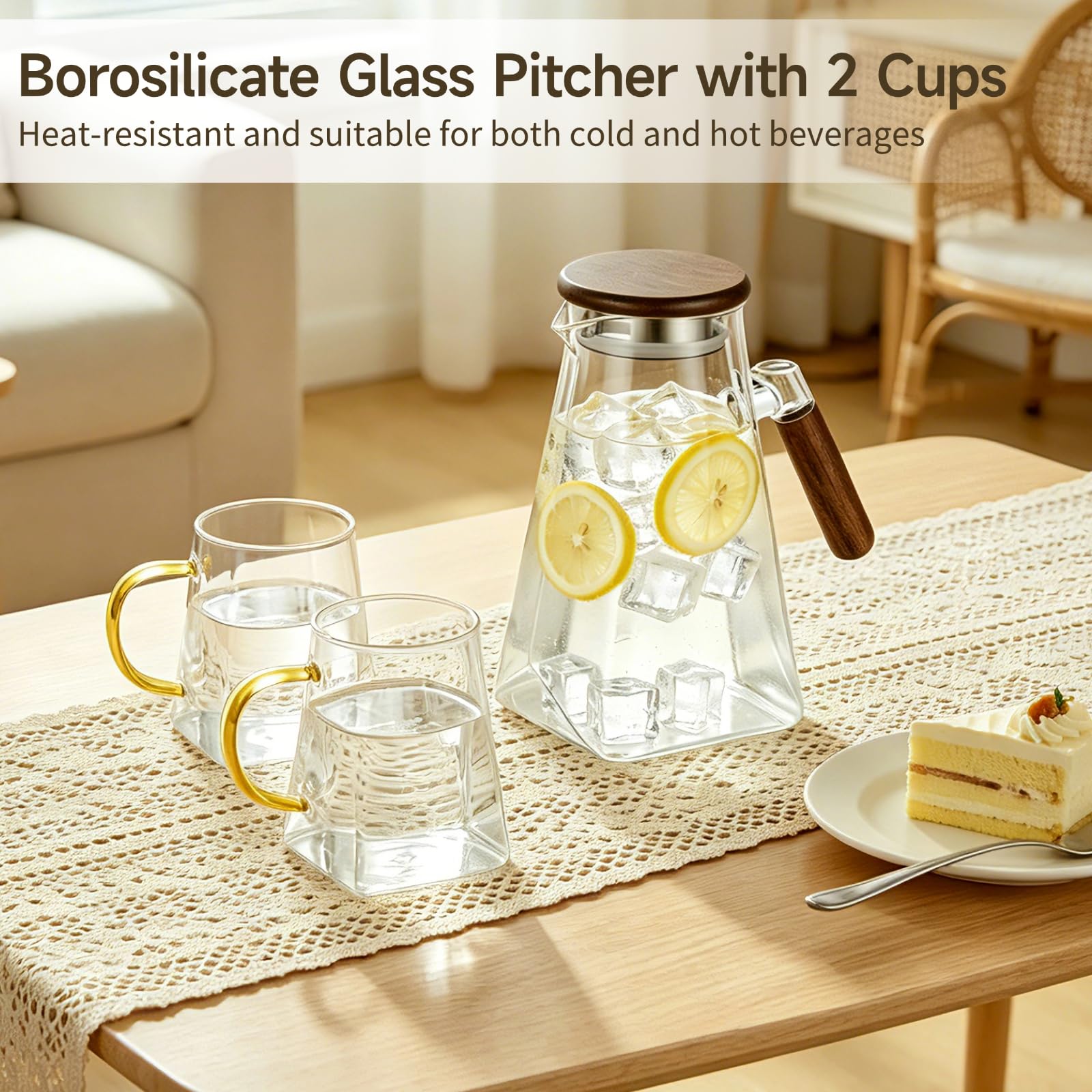 Glaskrug mit Holzdeckel, 1,8 l Borosilikatkrug Set mit 2 Bechern, hitzebeständig, kristallklar, eckiges Diamantdesign, 9,4 x 7,1 x 7,1 in, für kalte oder heiße Getränke, für den Haushalt